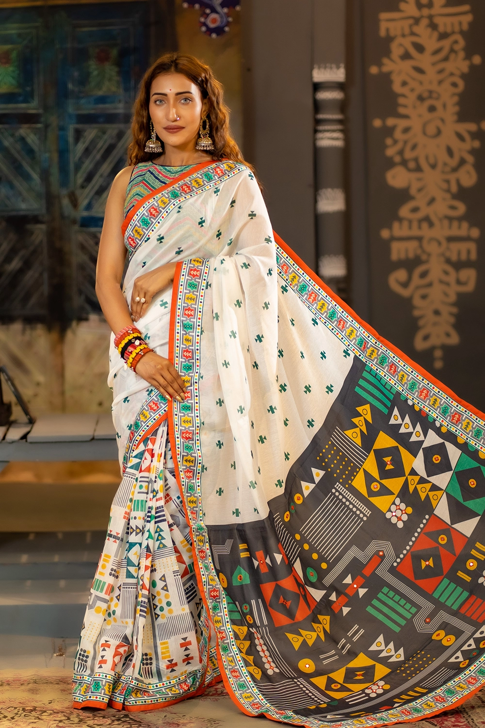 Women's Multi Half Silk Print Embroidered Saree
