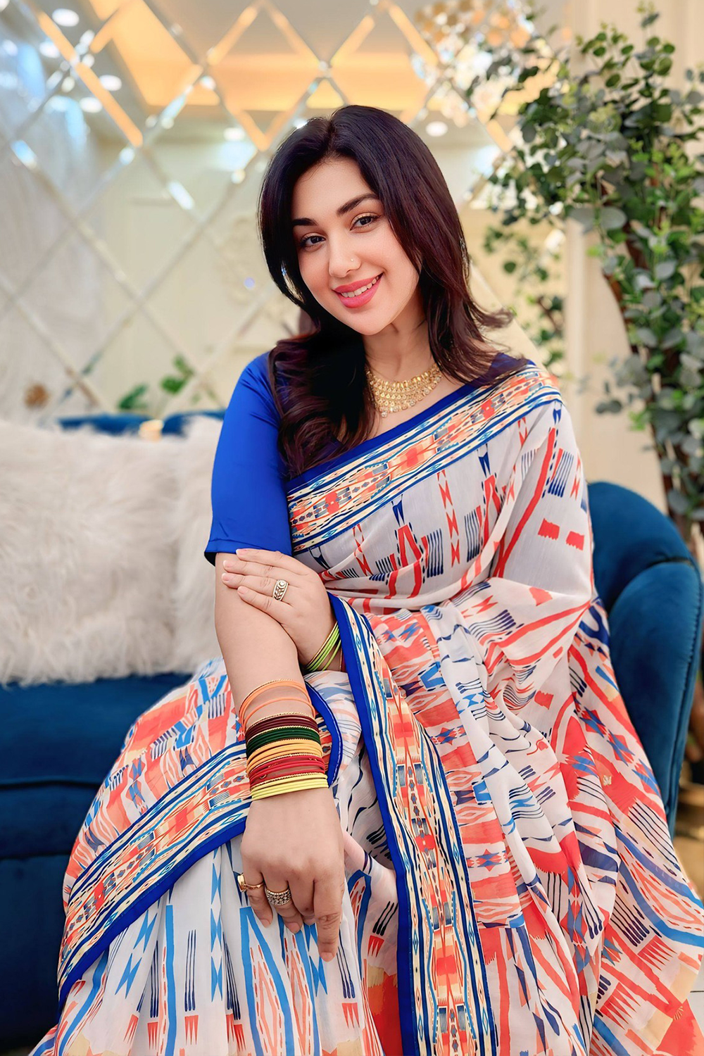 Multi-Color Half Silk Saree with industrial Print & pathwork