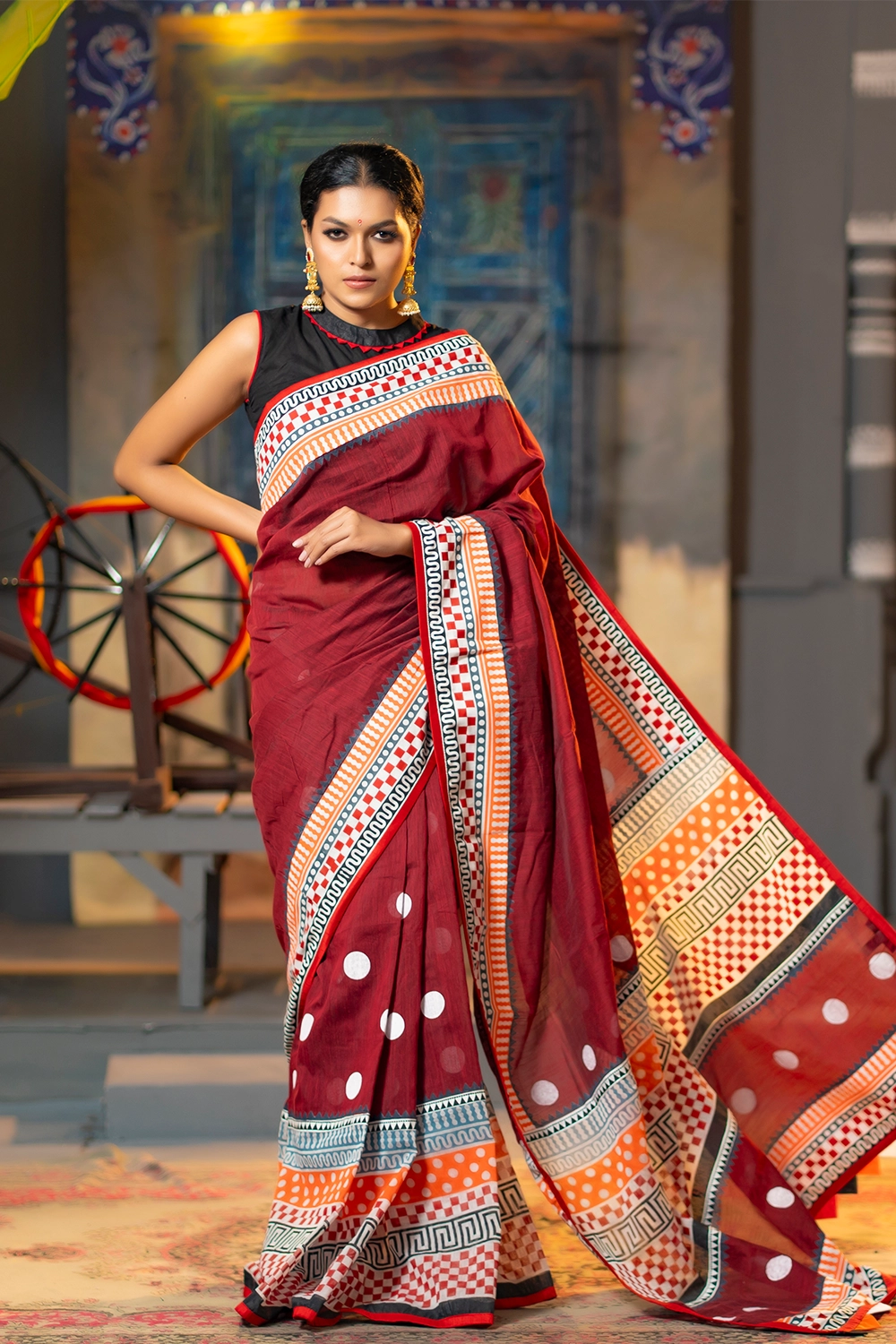 Maroon Cotton Saree with Screen Print Patchwork