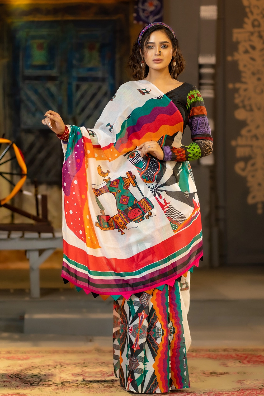 Women's Multi Color Half Silk Saree with Industrial Print & Patchwork