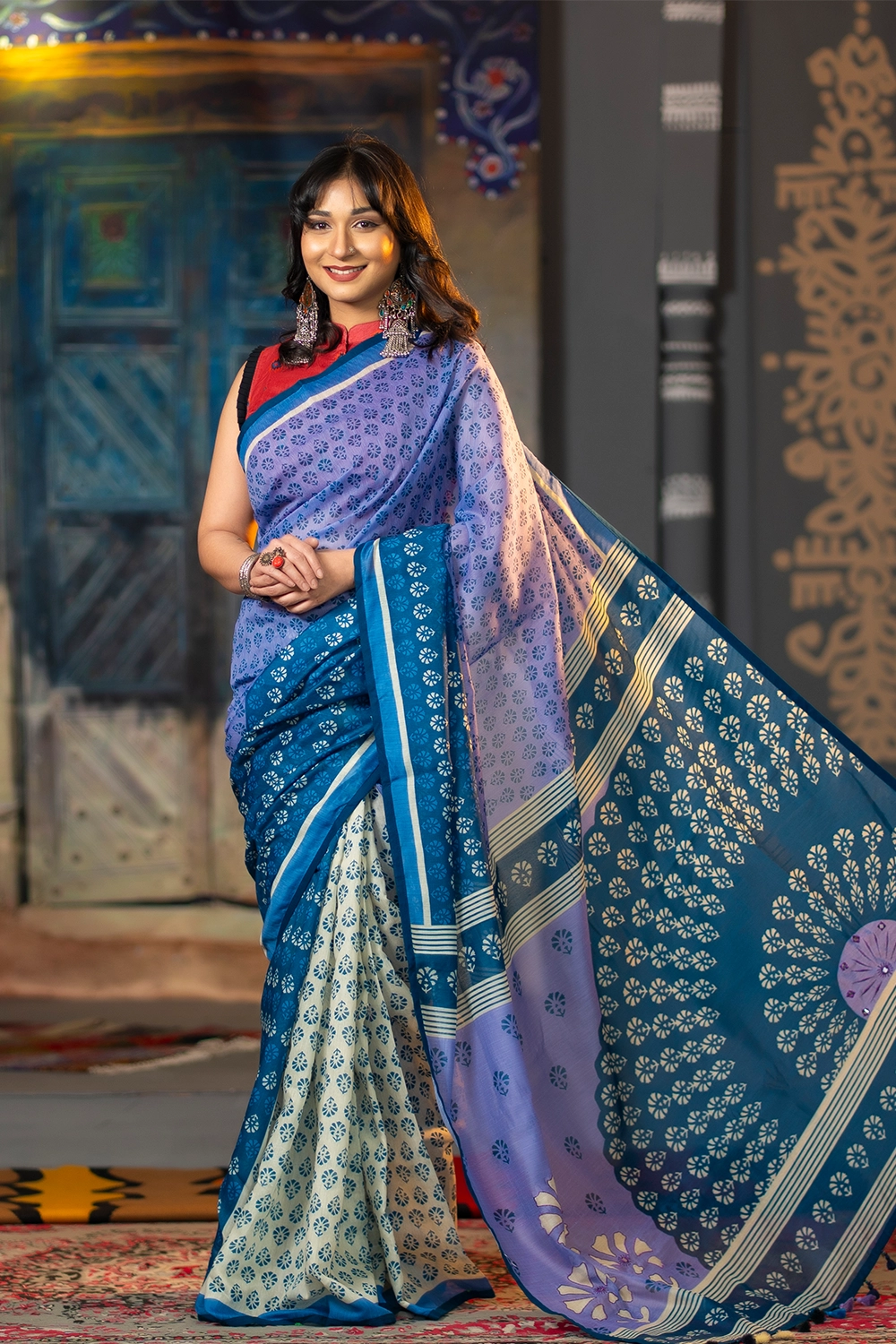 Women's Multi Half Silk Saree with Embroidered Industrial Print