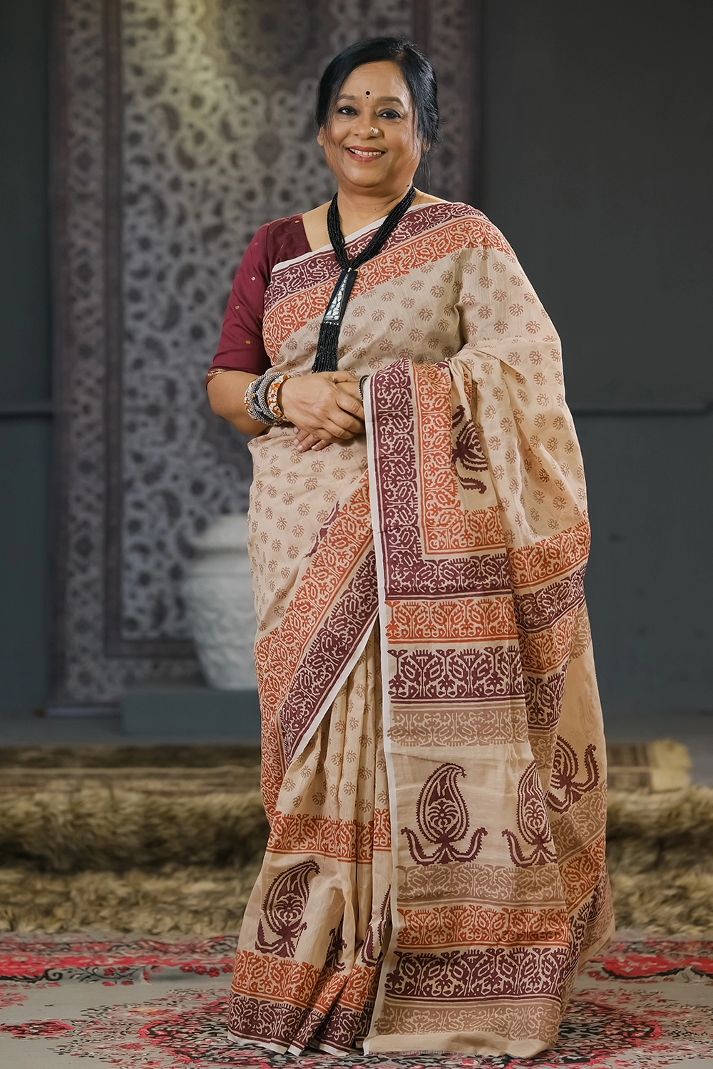 Women's Biscuit Half Silk Saree with Block Print
