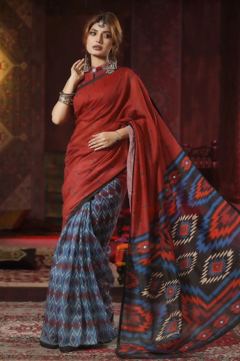 Women’s Half Silk Saree Multi-Colored Industrial Print with Embroidery