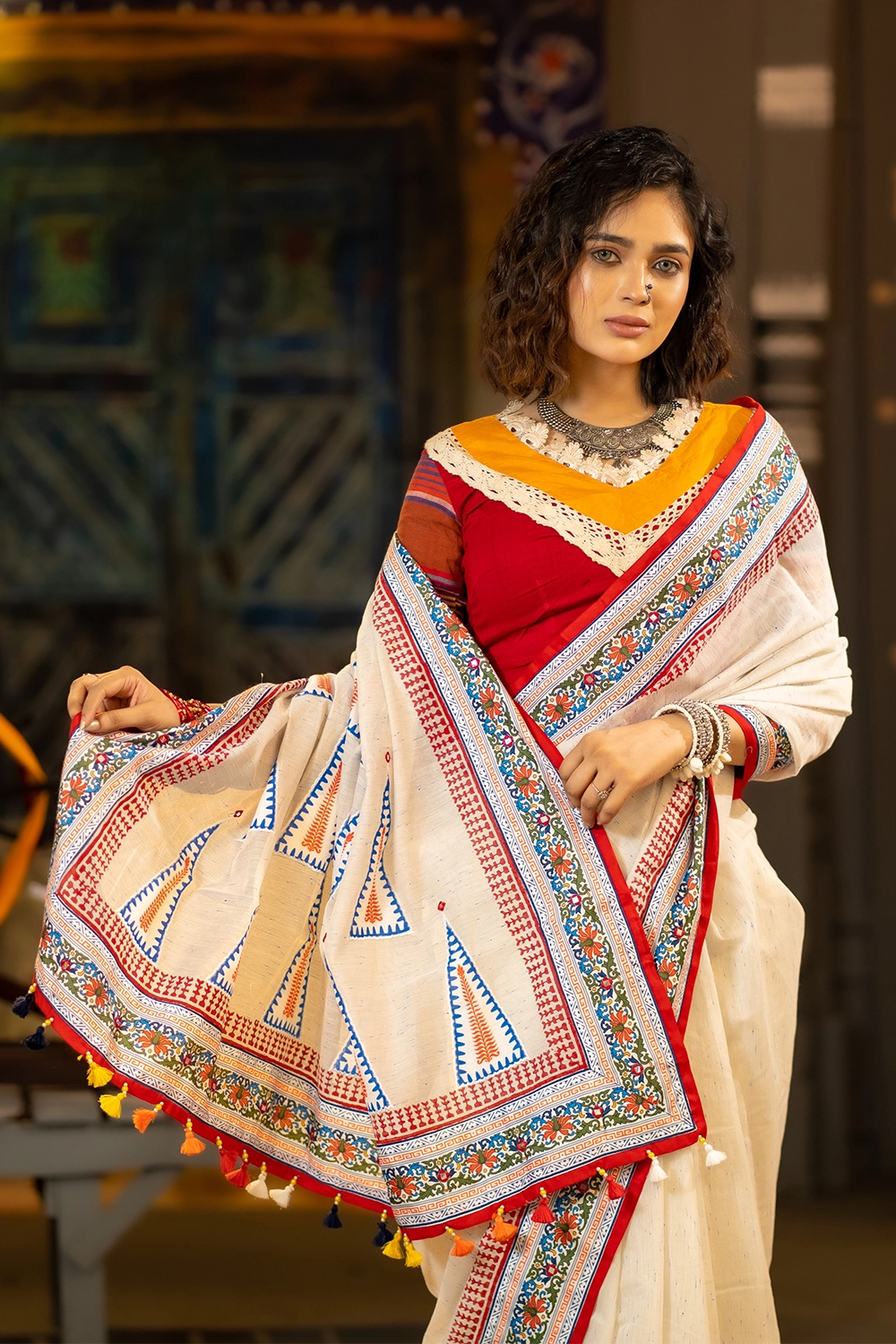 Women’s Half Silk Saree Off White Industrial Print with Cutwork & Patchwork