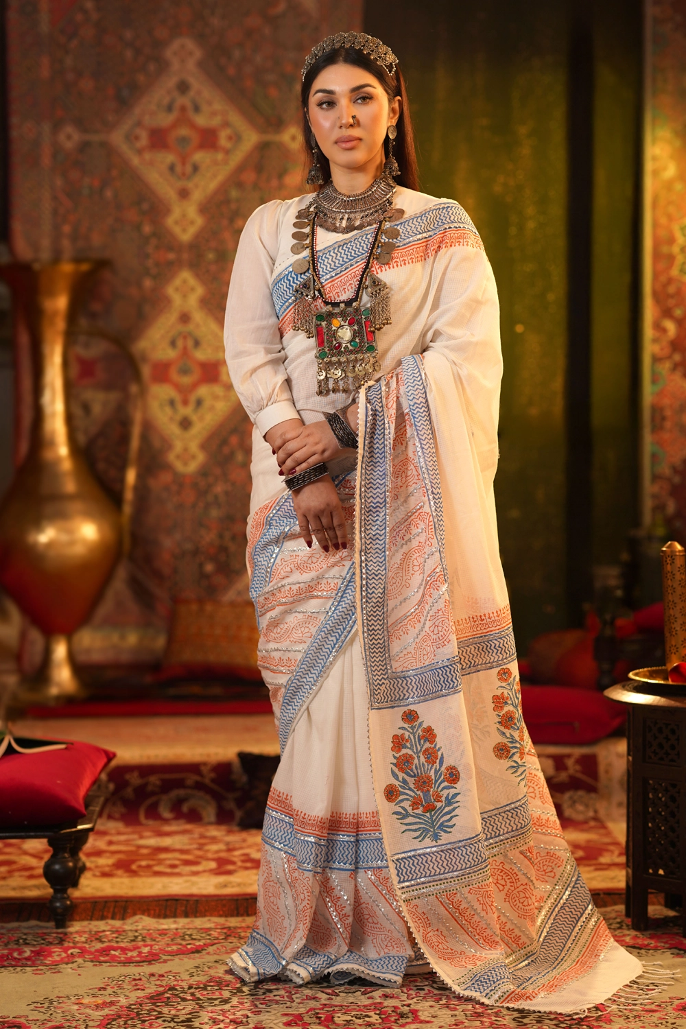 White Kata Saree with Ribbon Work & Block Print