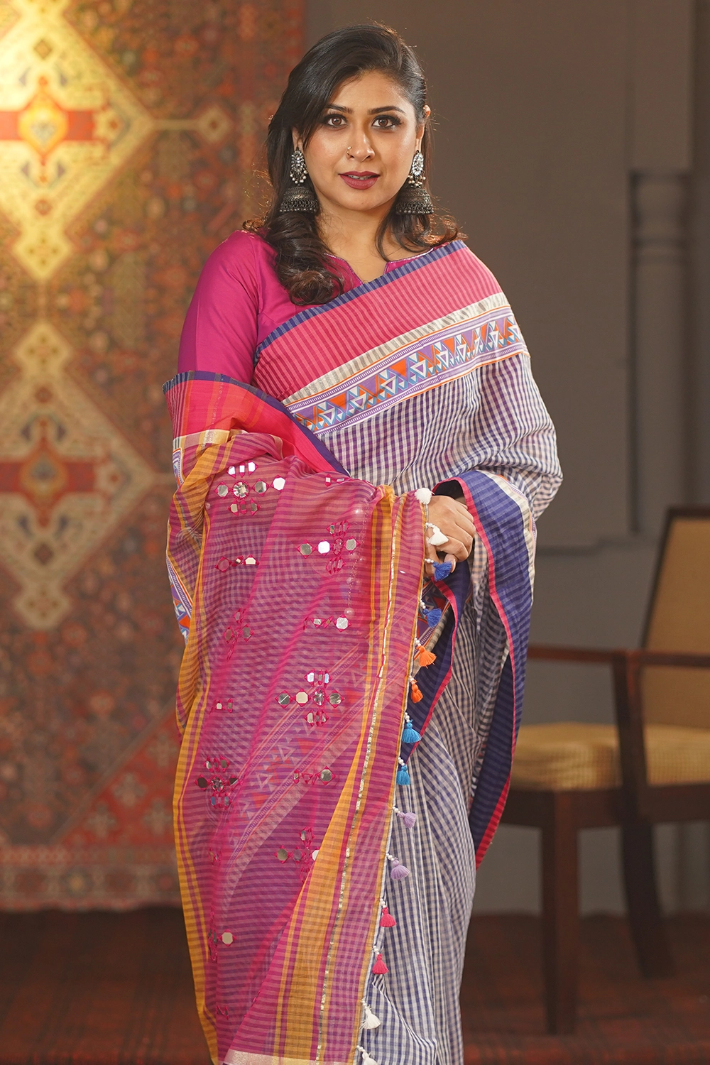Multi Half Silk Saree with Screen Print, Embroidery & Patchwork
