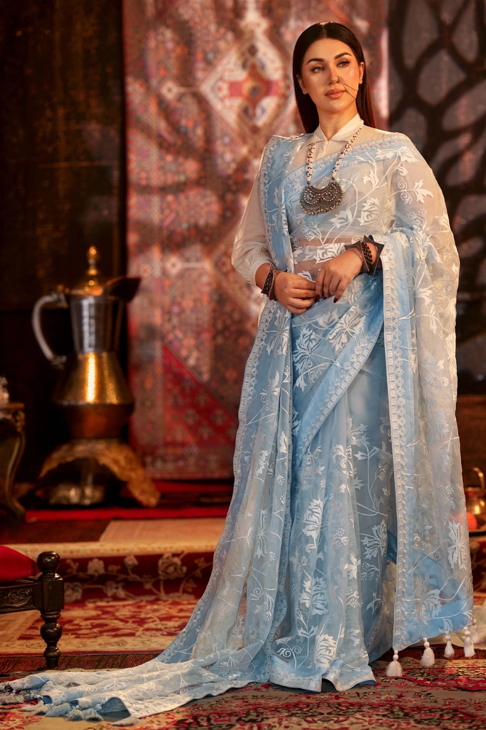 Sky Organza Saree with Embroidery Work