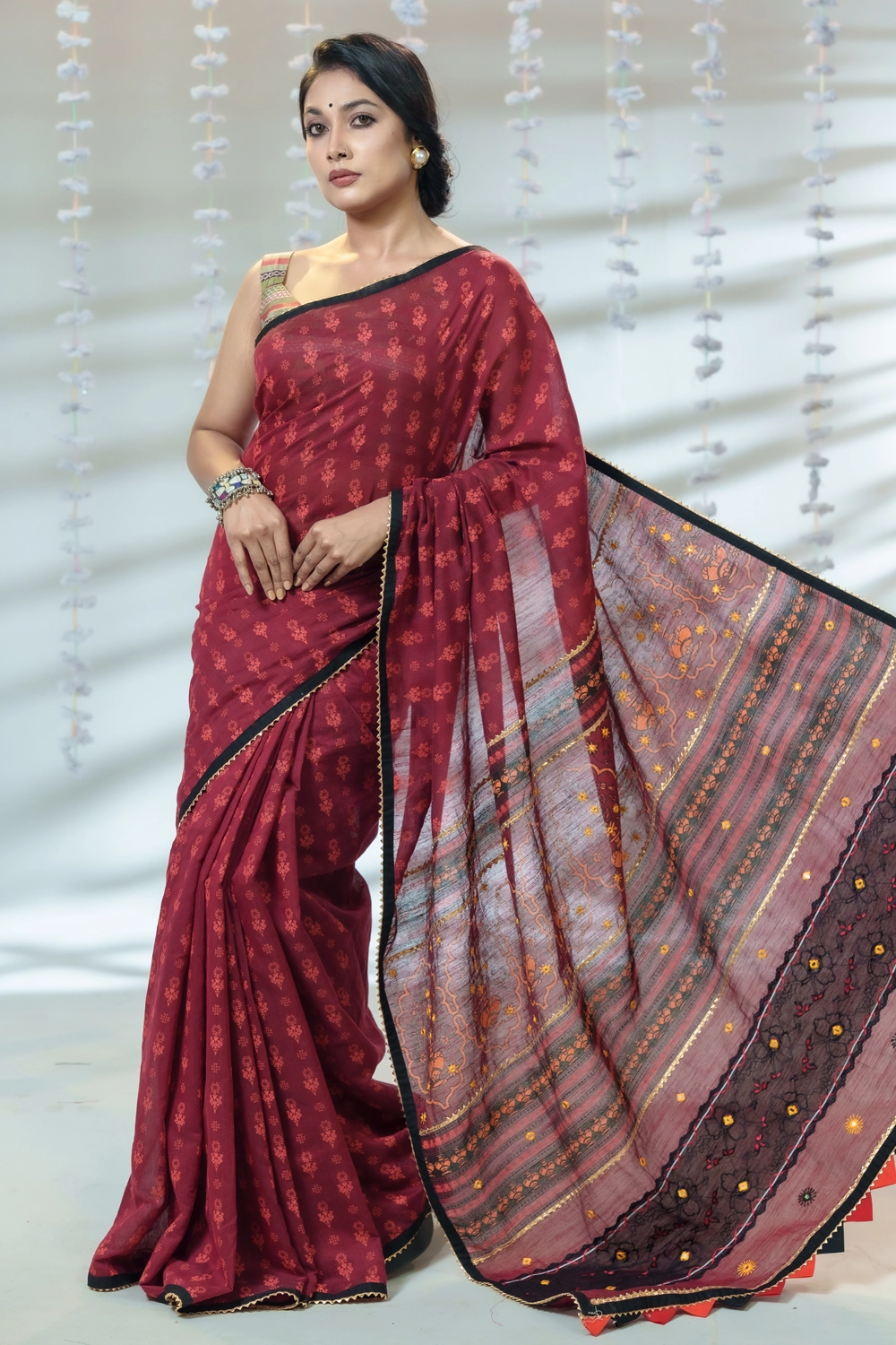 Maroon Half Silk Saree with Screen Print, Embroidery & Patchwork