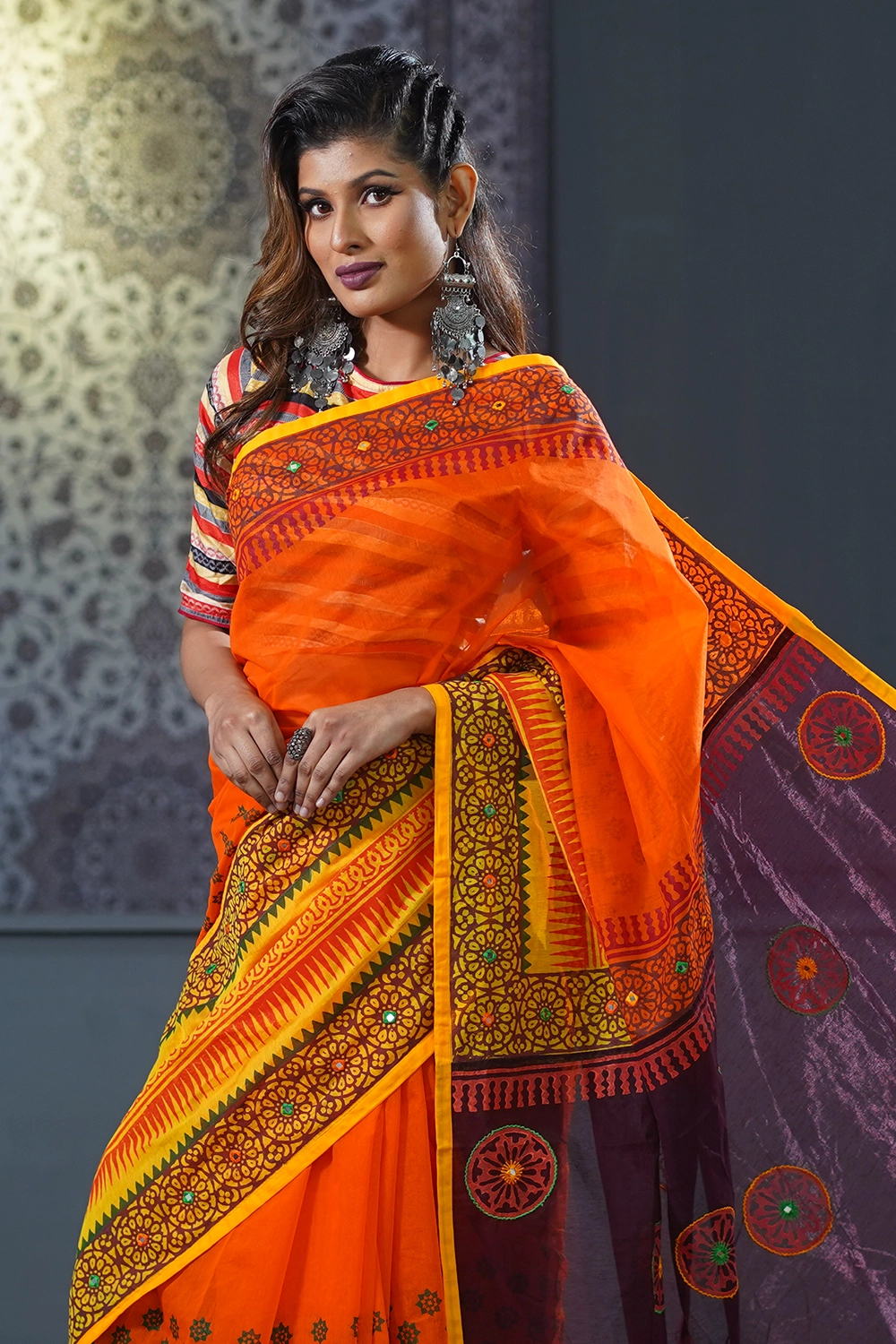 Orange-Maroon Cotton Saree with Block Print & Embroidery