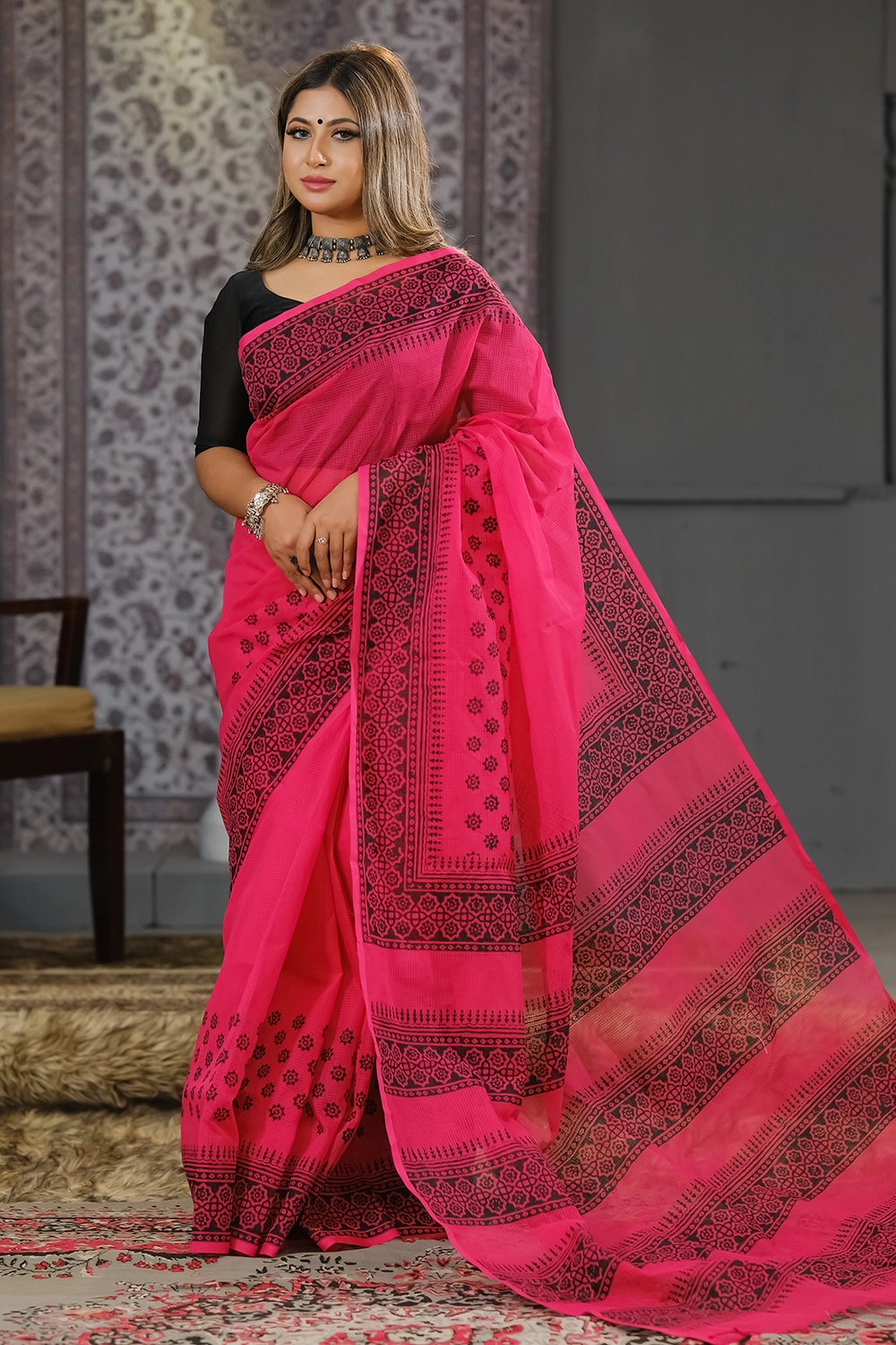 Magenta Cotton Saree with Block Print