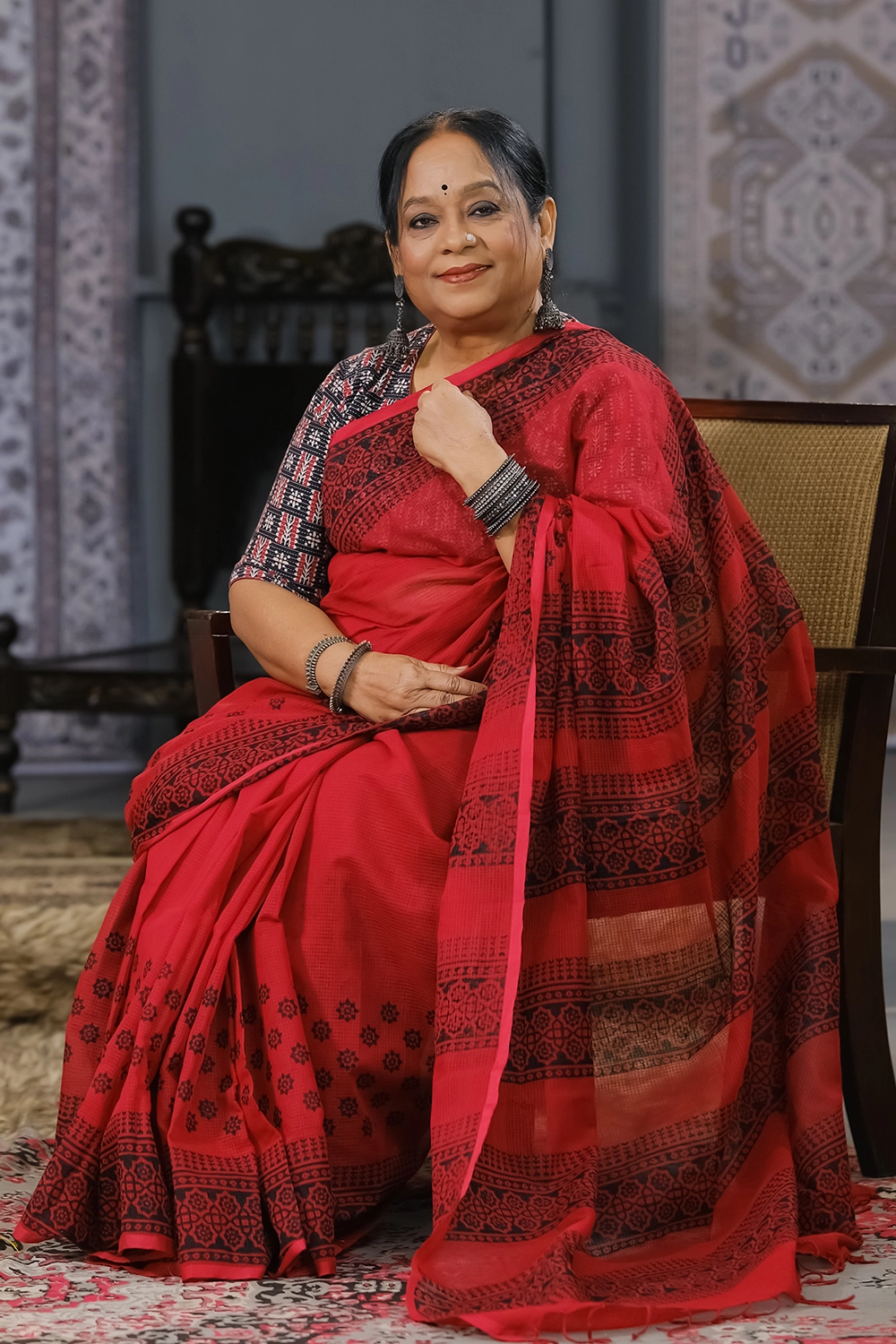 Maroon Hand Block Print Cotton Saree