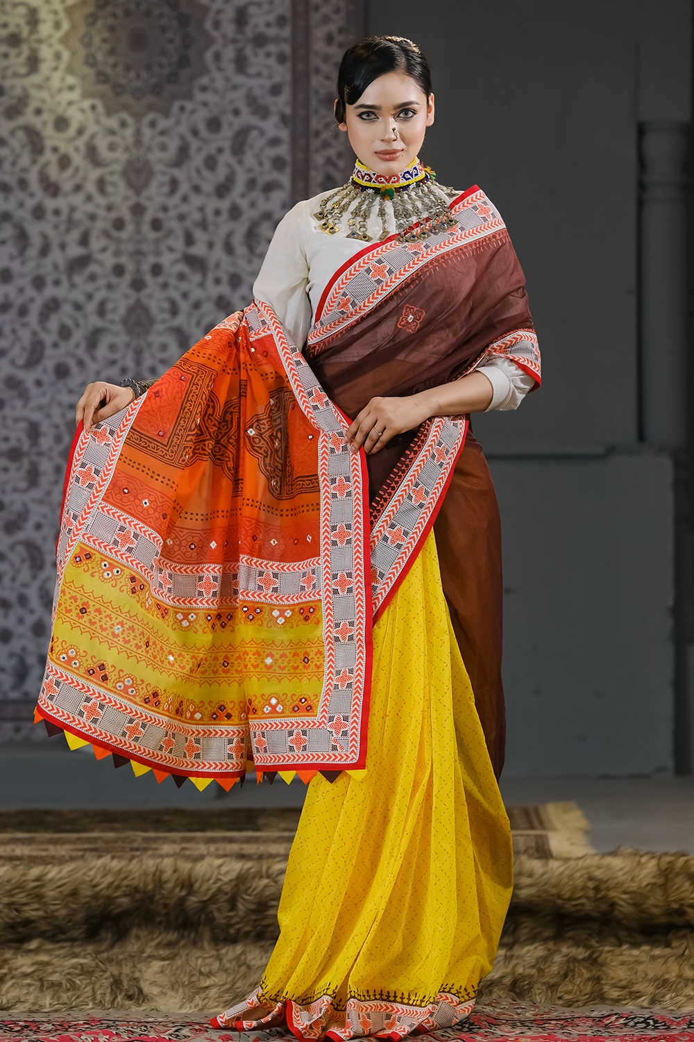 Yellow Coffee Half Silk Saree with Screen Print, Embroidery & Patchwork