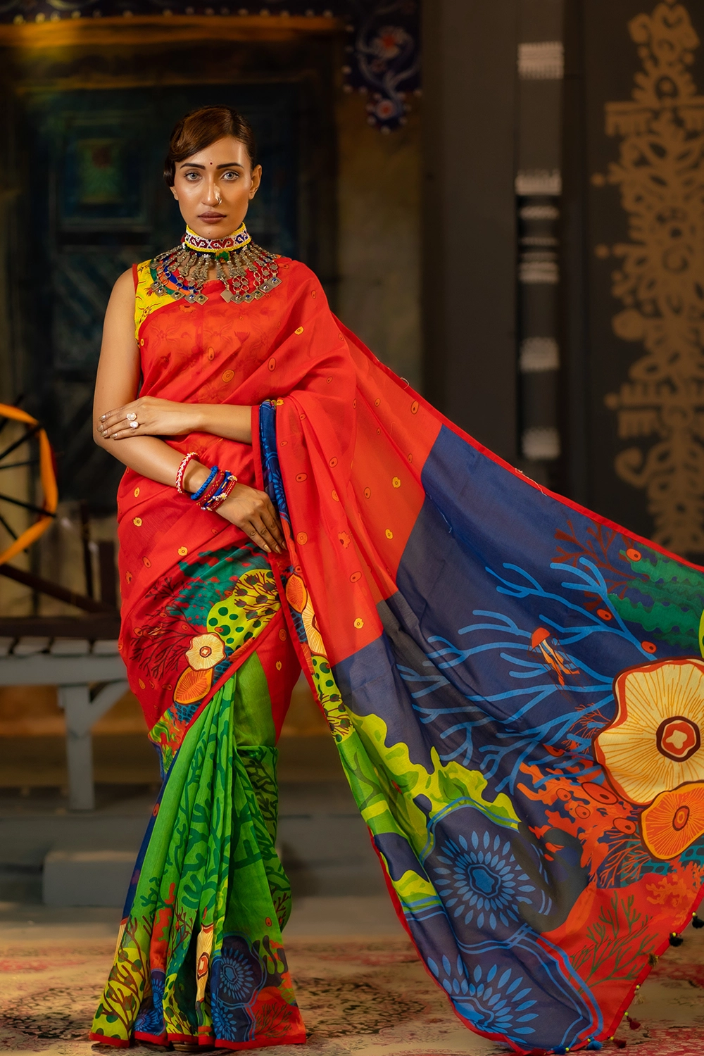Multi Color Half Silk Saree with Industrial Print for women