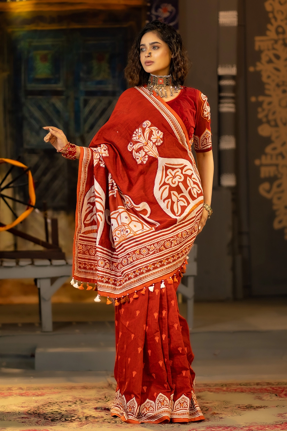 Maroon Half Silk Saree with Embroidery and Screen Print