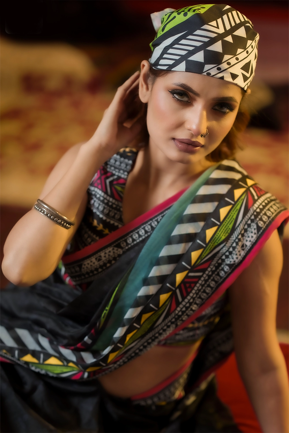 Black Half Silk Saree with Industrial Print and Patchwork