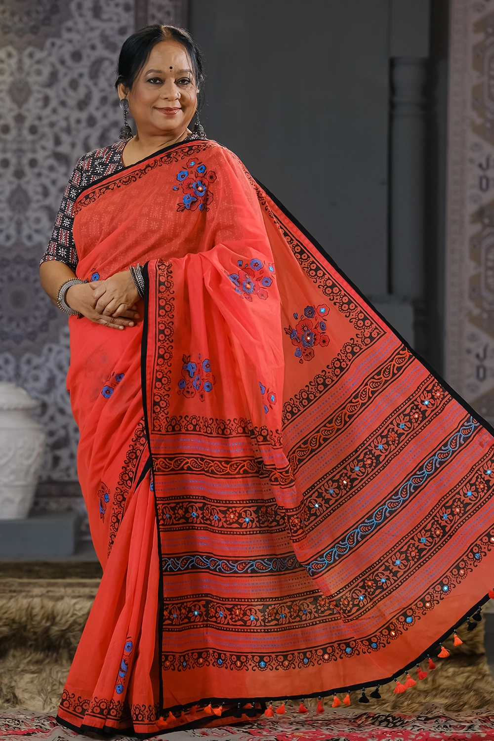 Sweet Color Half Silk Saree with Blockprint & Embroidery