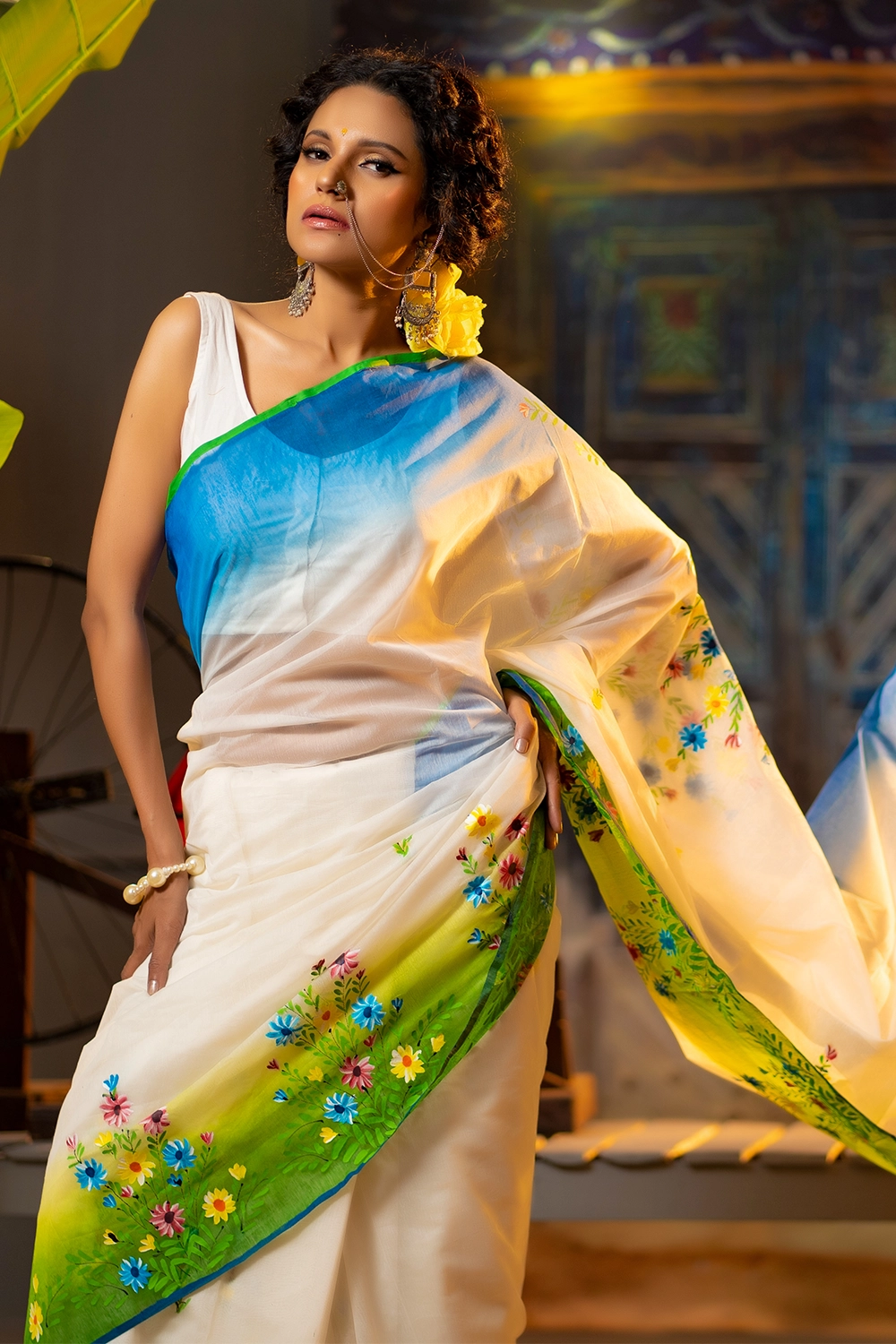 Multi Color Half Silk Saree with Hand Painted Design