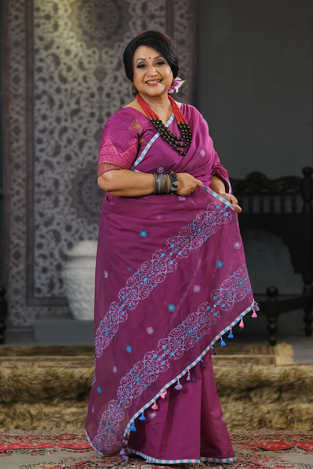 Violet Half Silk Saree with Embroidery