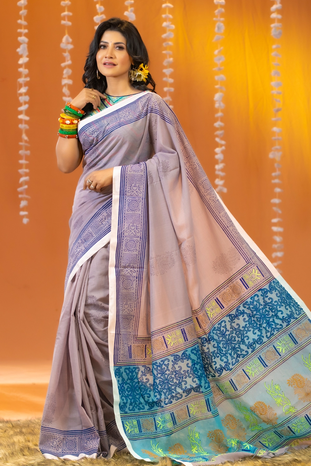 Ash Half Silk Block Print Handwork Saree