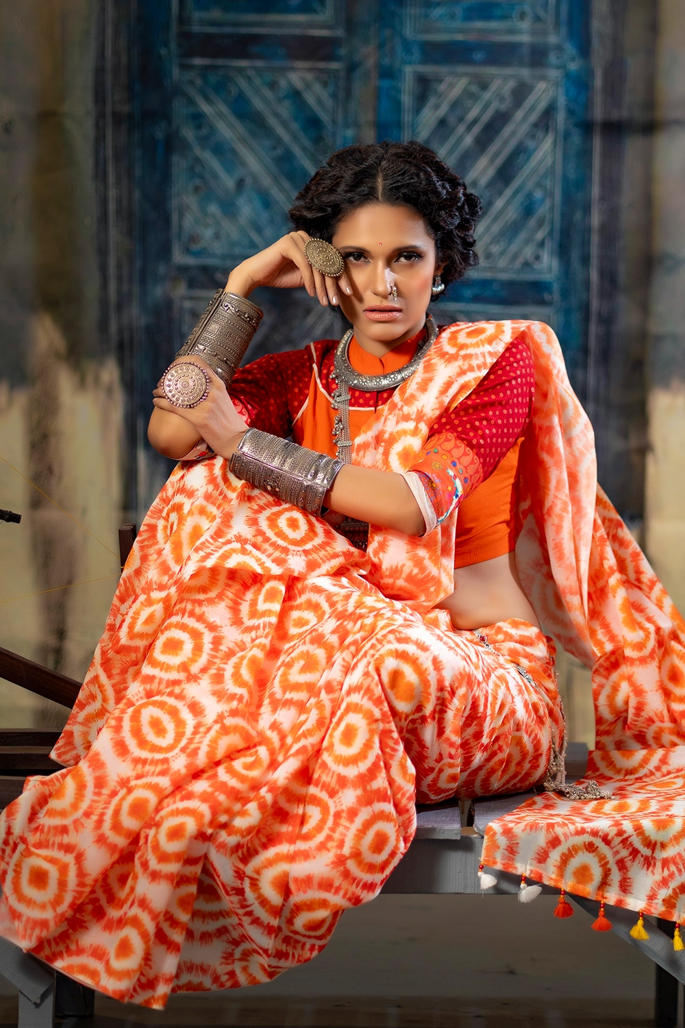Orange Half Silk Industrial Print Saree