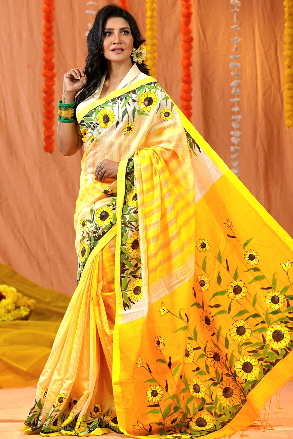 Golden Half Silk Hand Print Saree