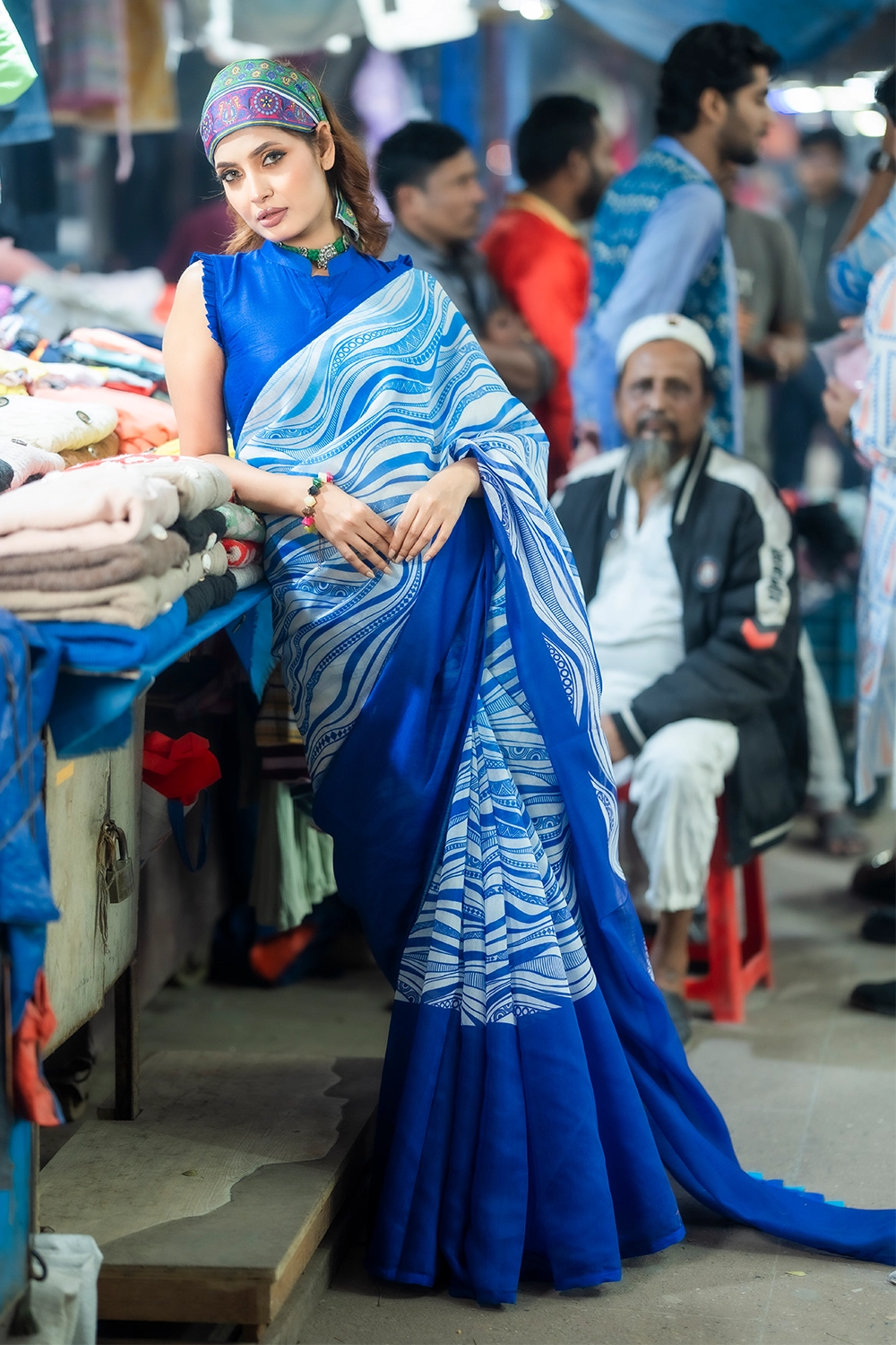 Sky Blue Half Silk Industrial Print Saree