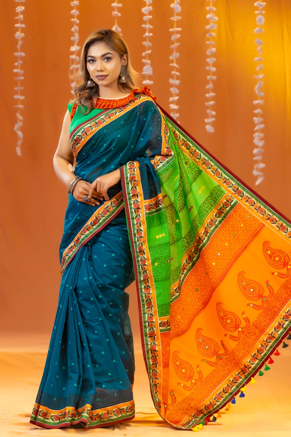 Blue Orange Half Silk Embroidery Print Saree