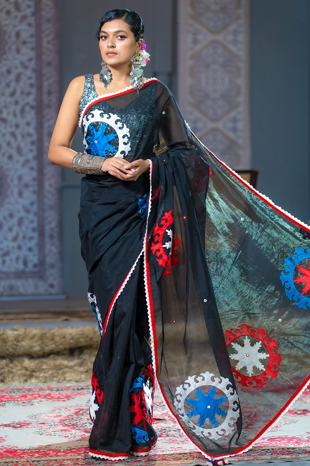 Black Half Silk Saree with Cutwork and Patchwork
