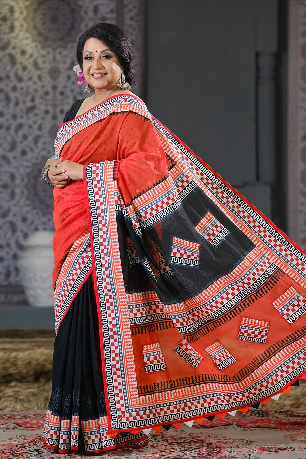 Tama Black Half Silk Saree with Block Print and Patchwork