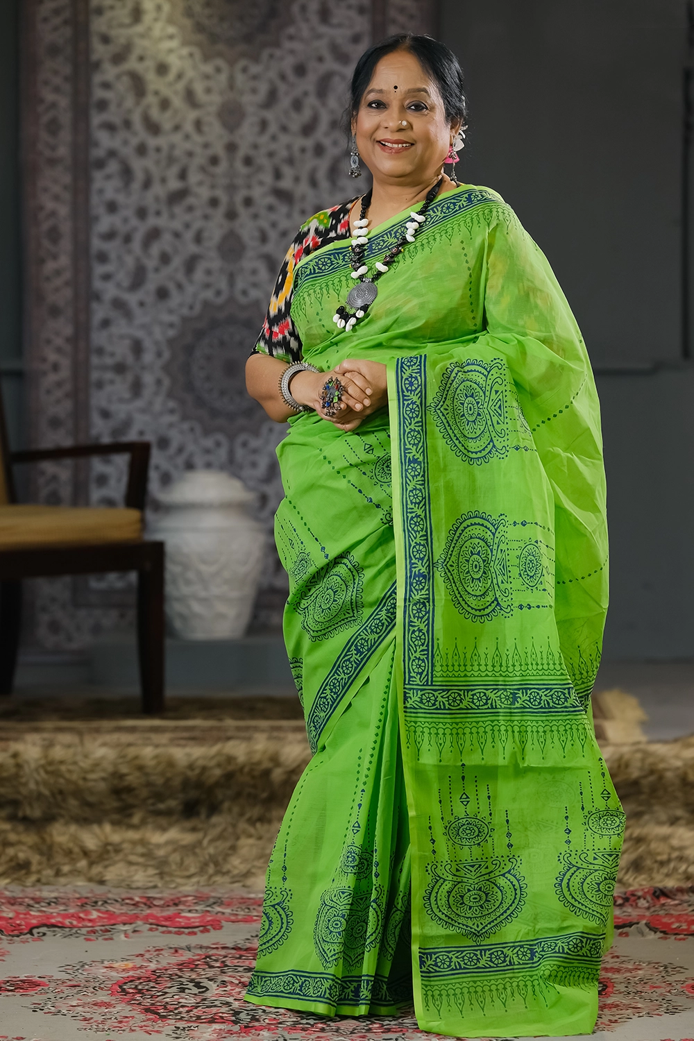 Green Cotton Block Print Saree