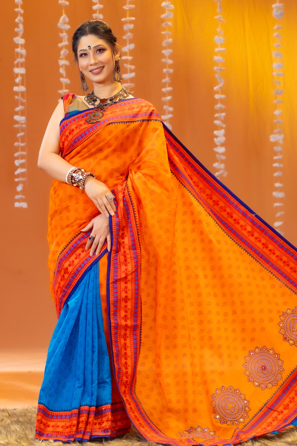 Multi Color Half Silk Saree with Embroidery, Screen Print and Patchwork