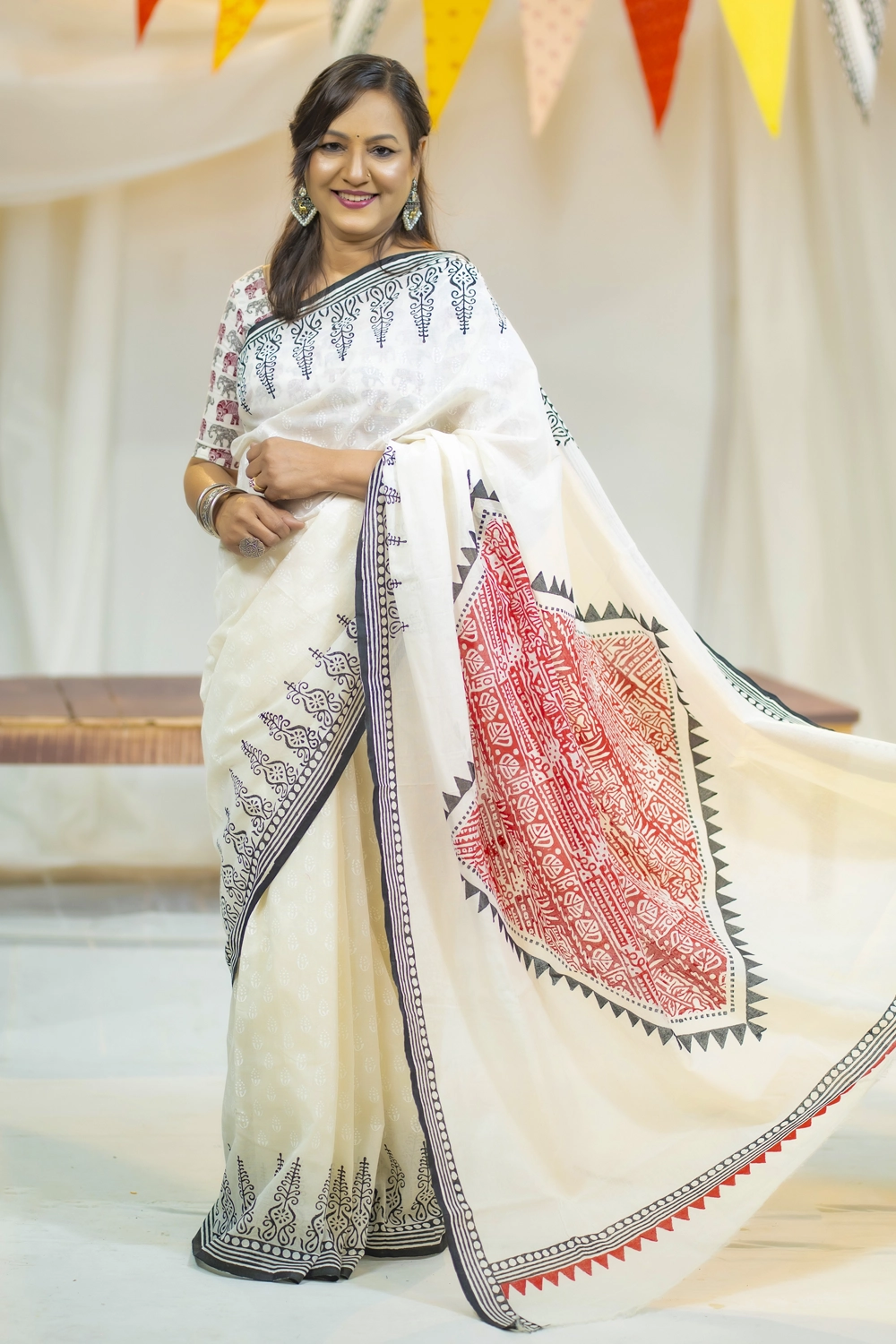 White Cotton Blockprint Saree