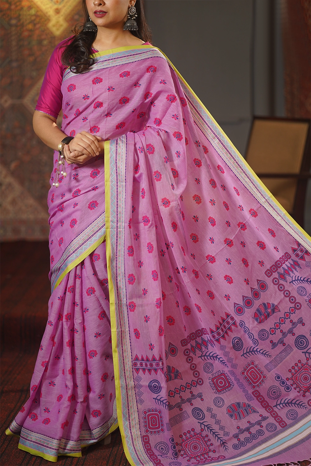Light Violet Screen Print Cotton Saree