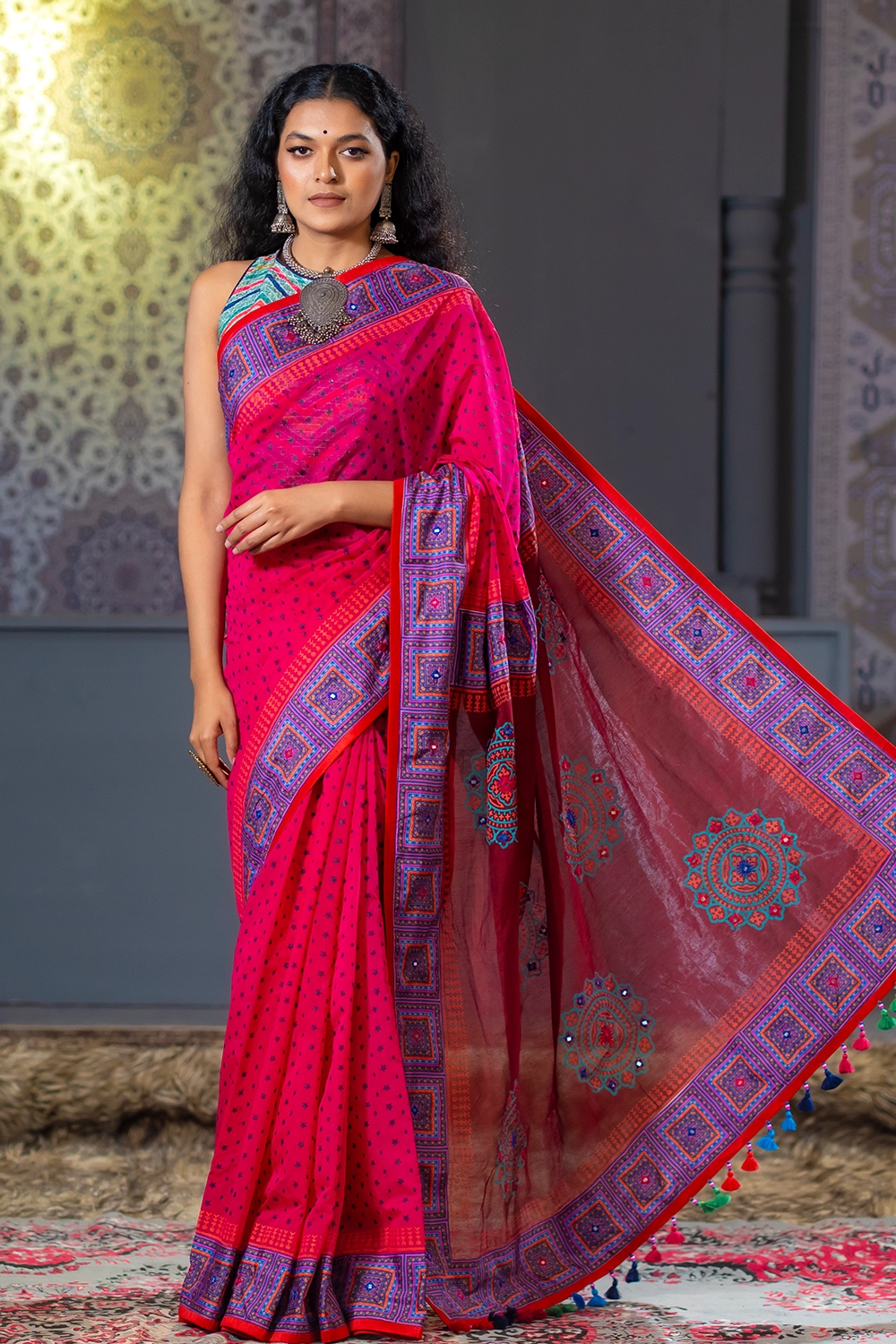 Meroon & Magenta Half Silk Saree for Women