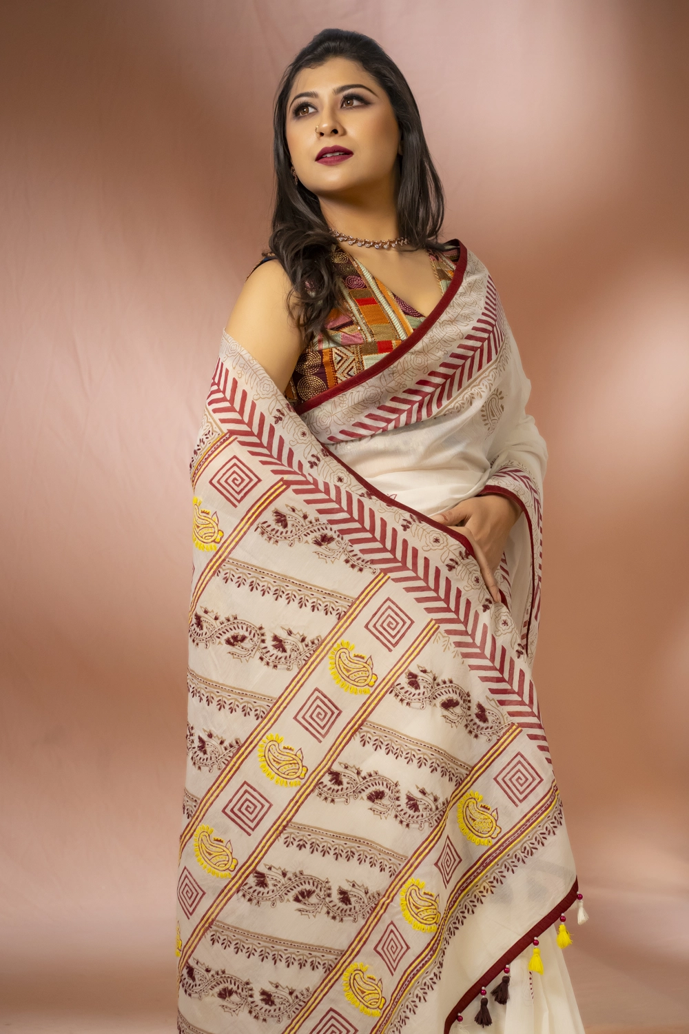 White Cotton Block Print Saree with Handwork and Patchwork