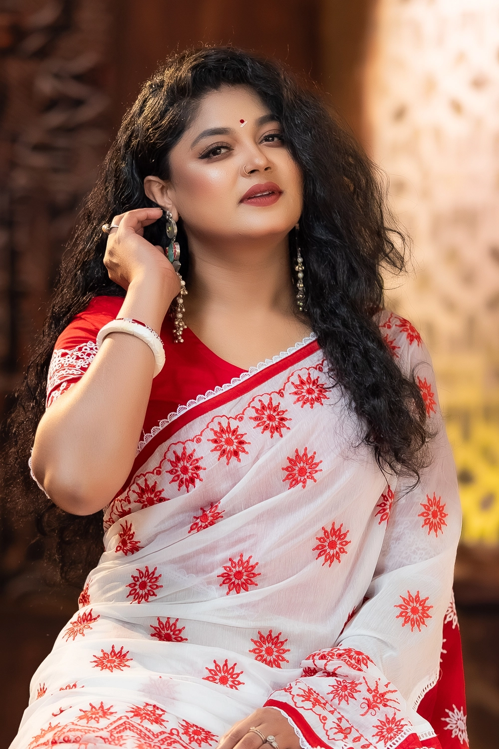 Red & White Half Silk Saree for Women