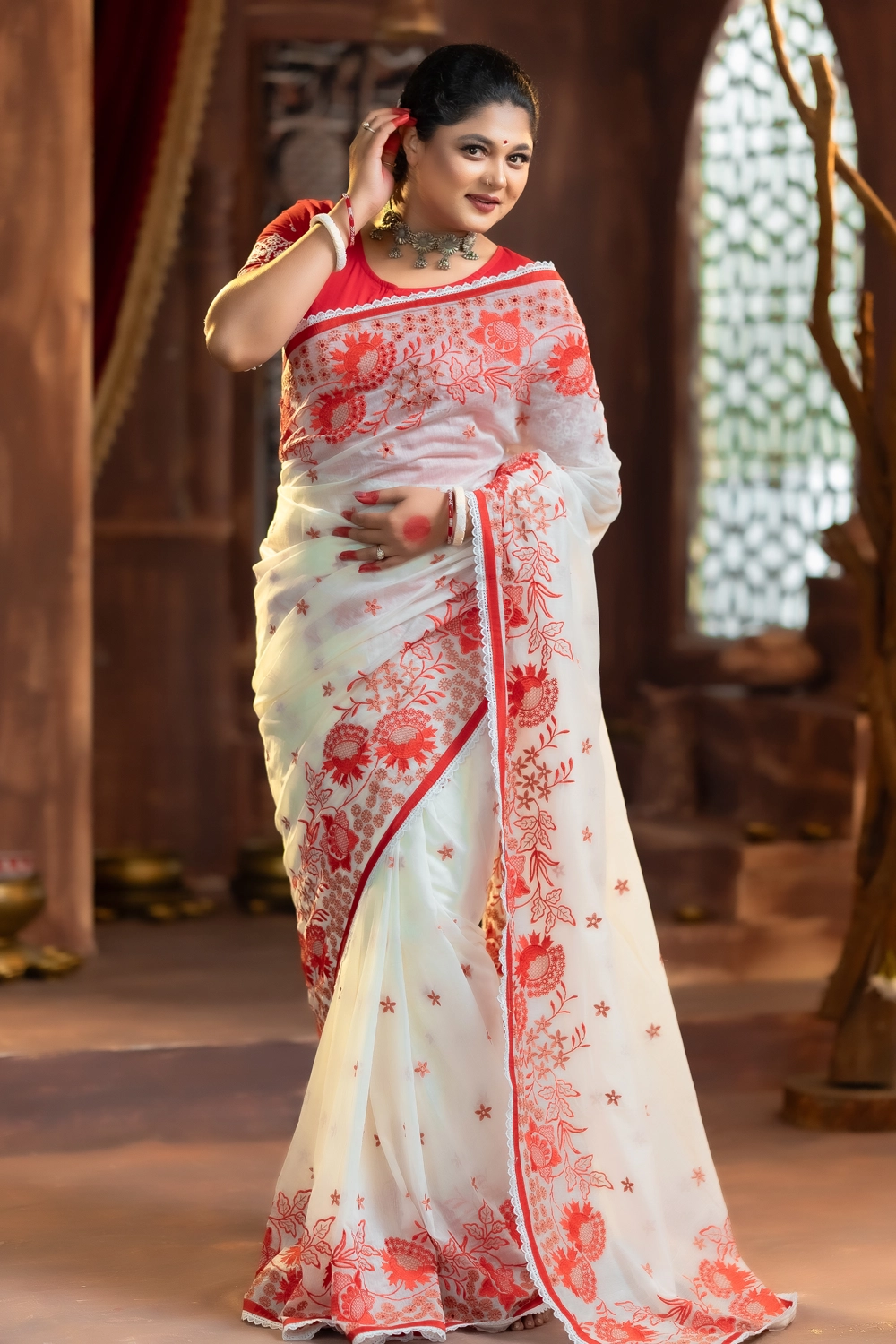 Off-White Half Silk Embroidered Women's Saree