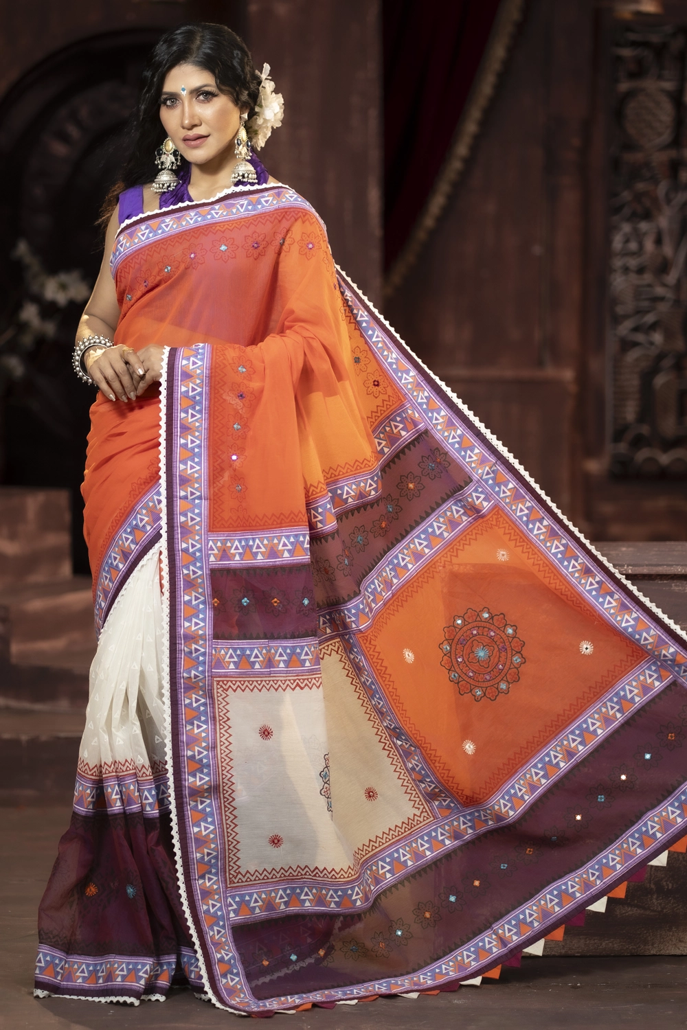 Orange Half Silk Embroidered Screen Print Patchwork Women Saree