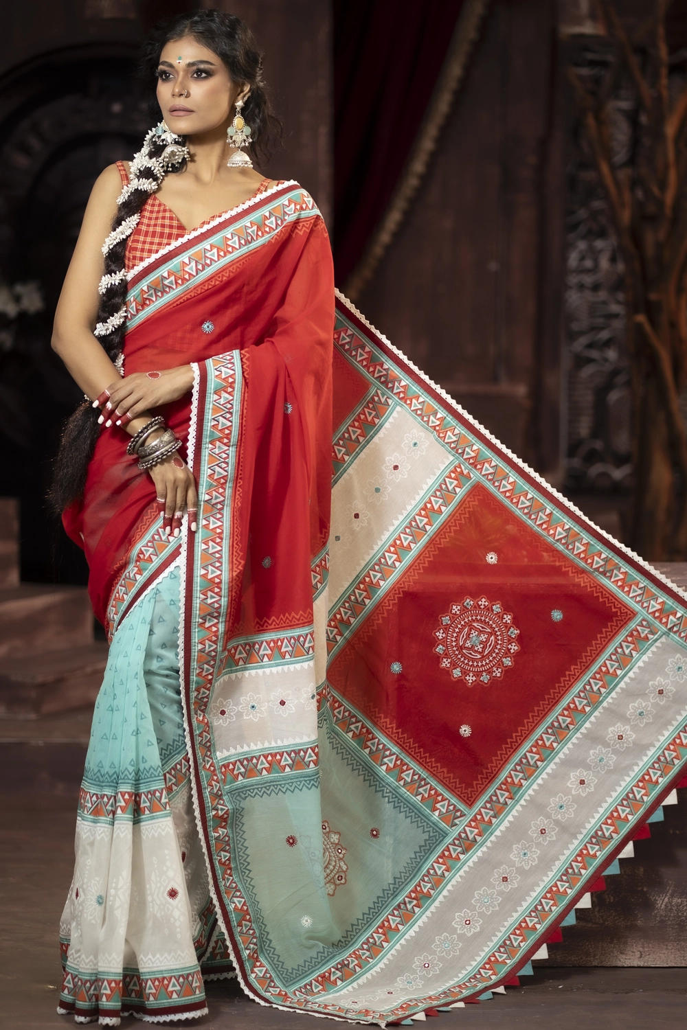 Red Half Silk Embroidered Screen Print Patchwork Women Saree