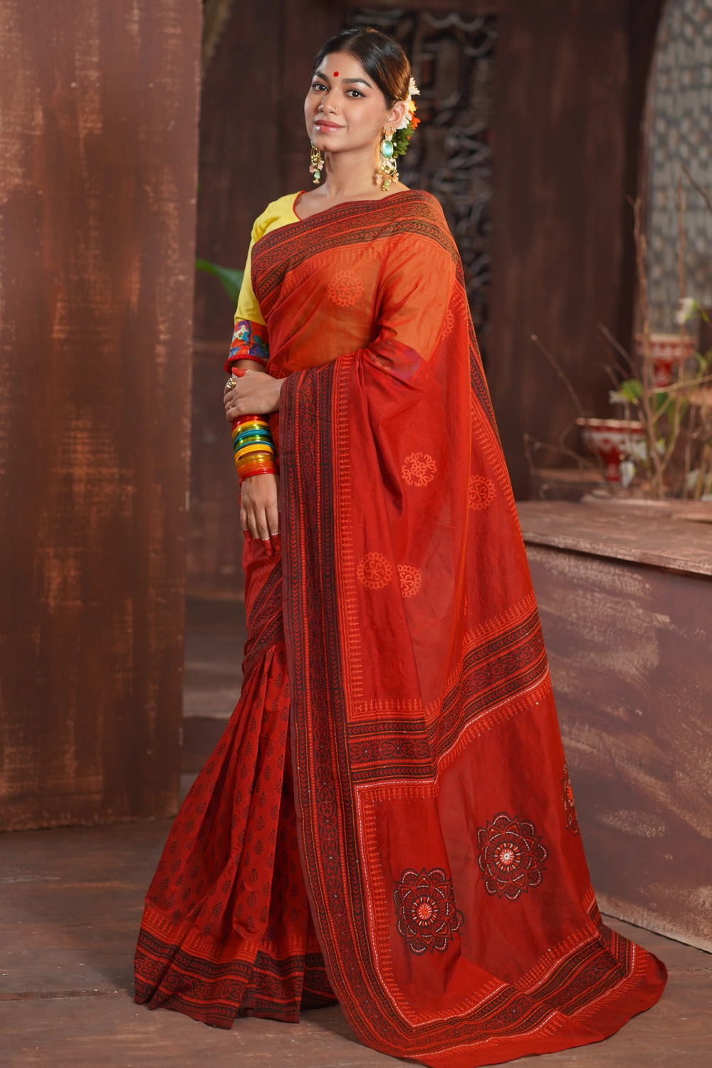 Maroon Multi Half Silk Block Print Handwork Women Saree