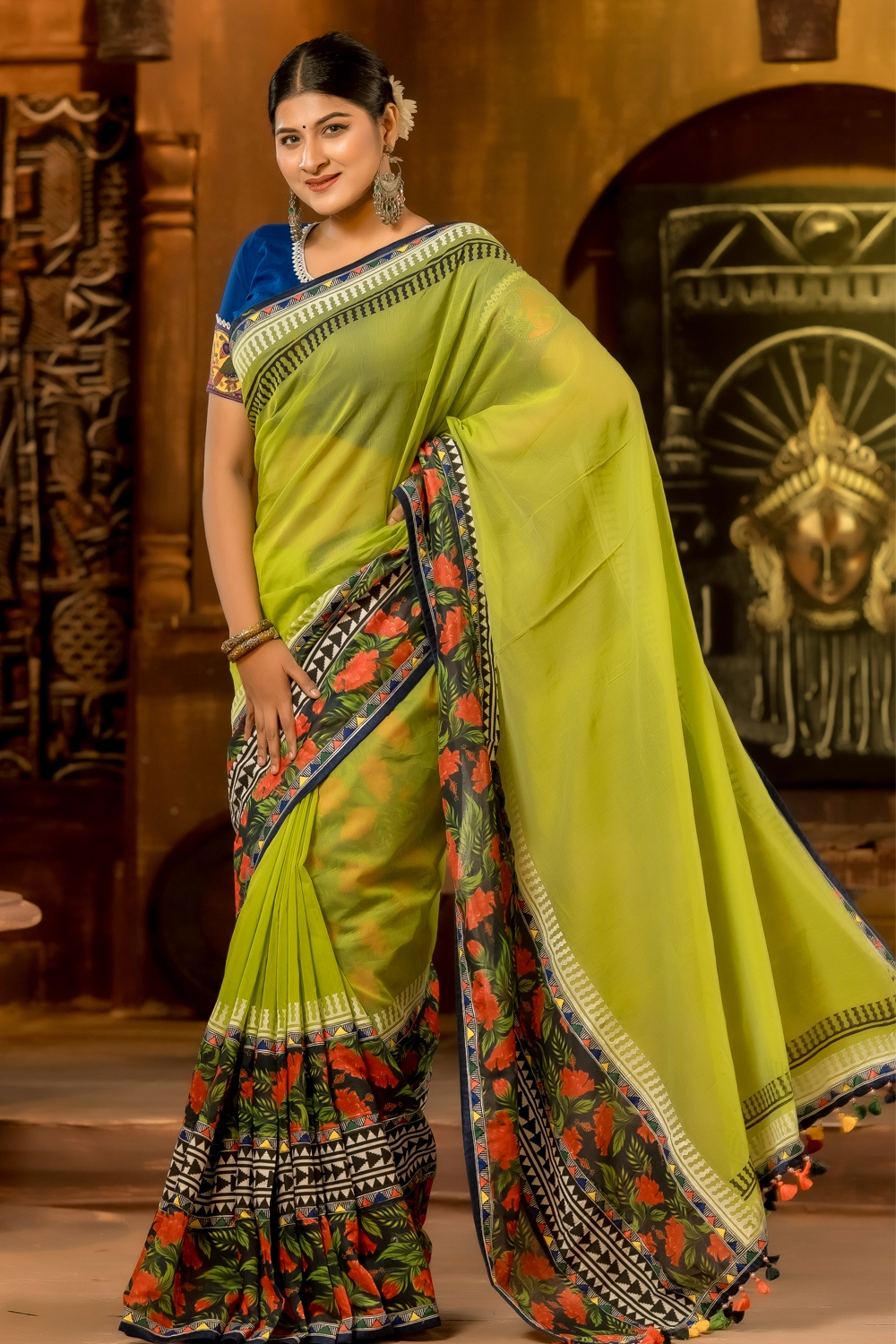 Multicolor Half Silk Saree with Industrial Print & Patchwork