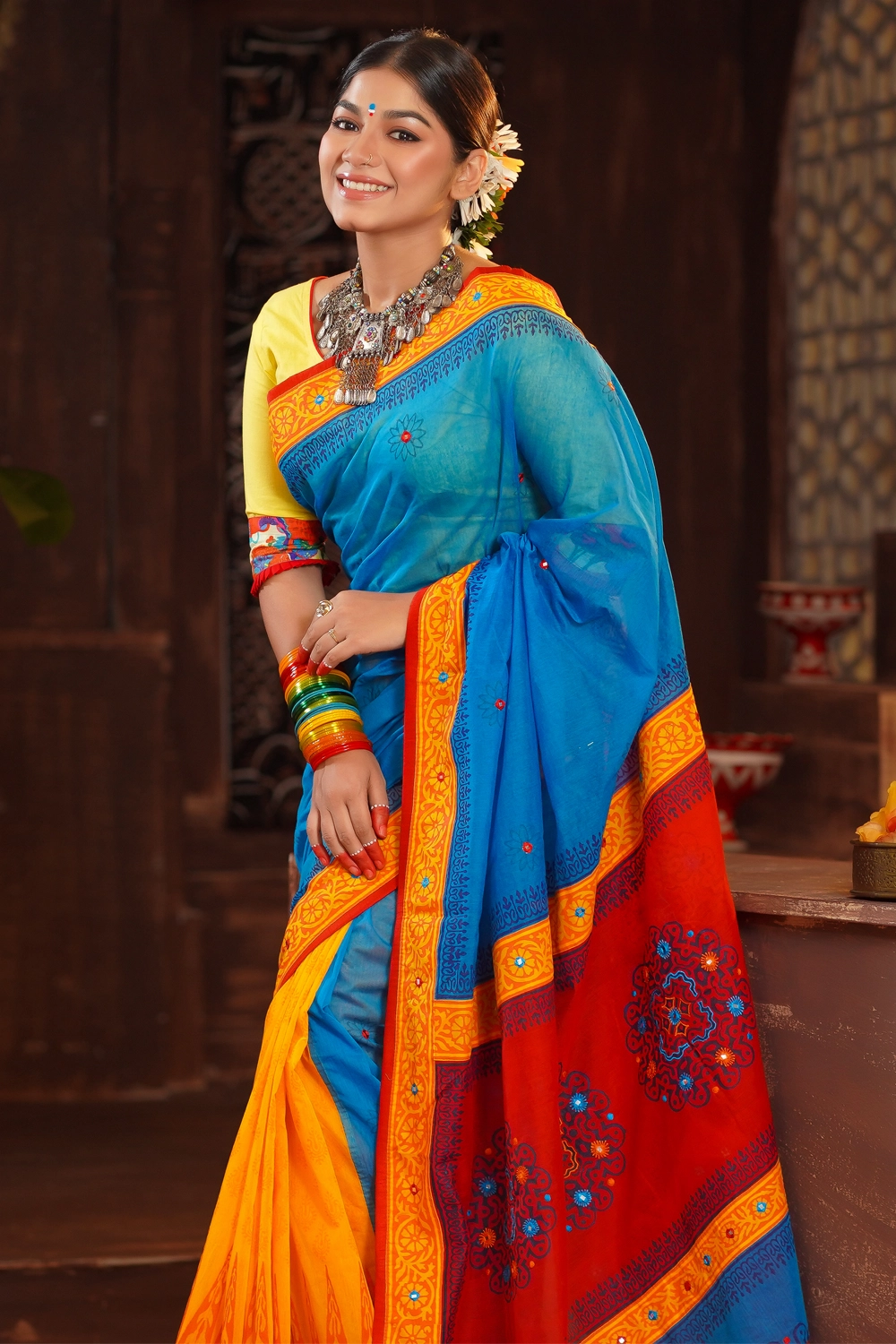 Golden Feroza Half Silk Embroidery Saree