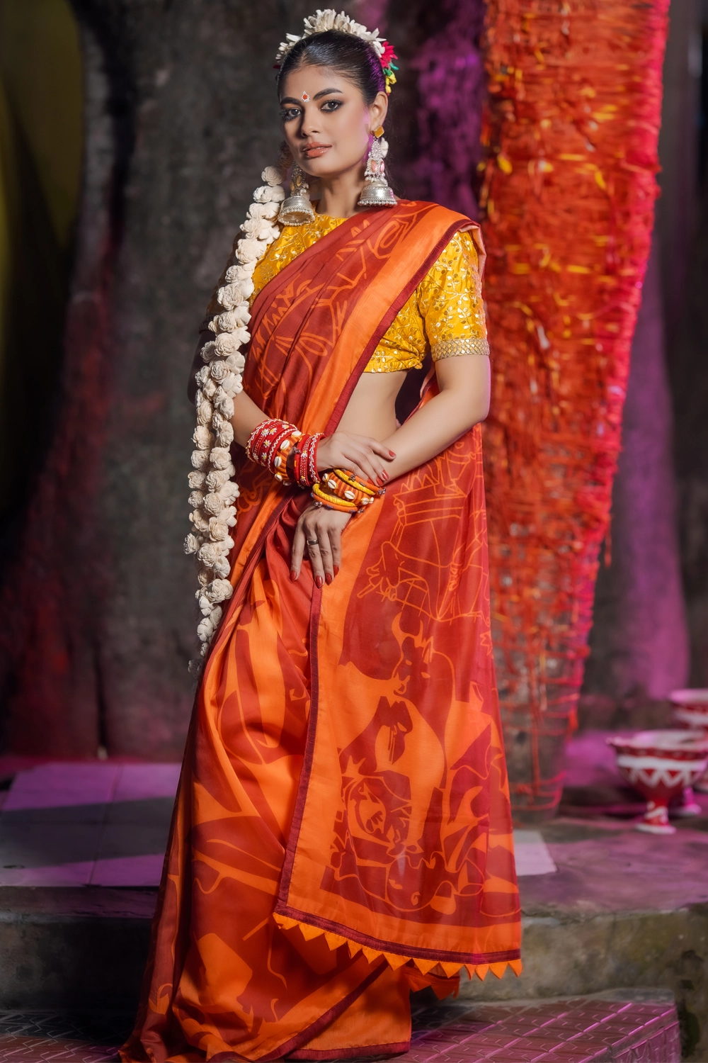 Orange & Maroon Half Silk Industrial Print Saree