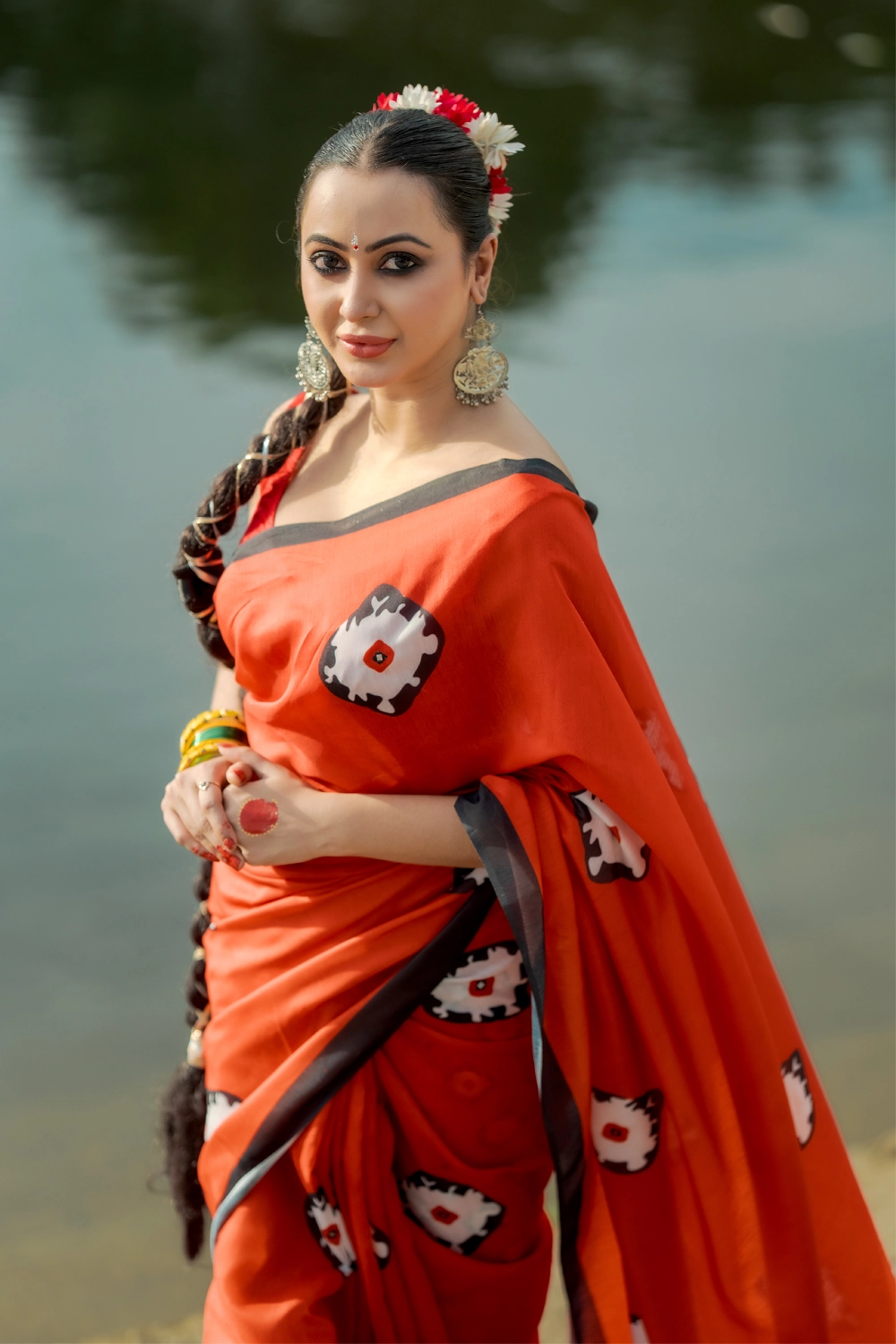 Red Half Silk Industrial Print & Embroidery Saree