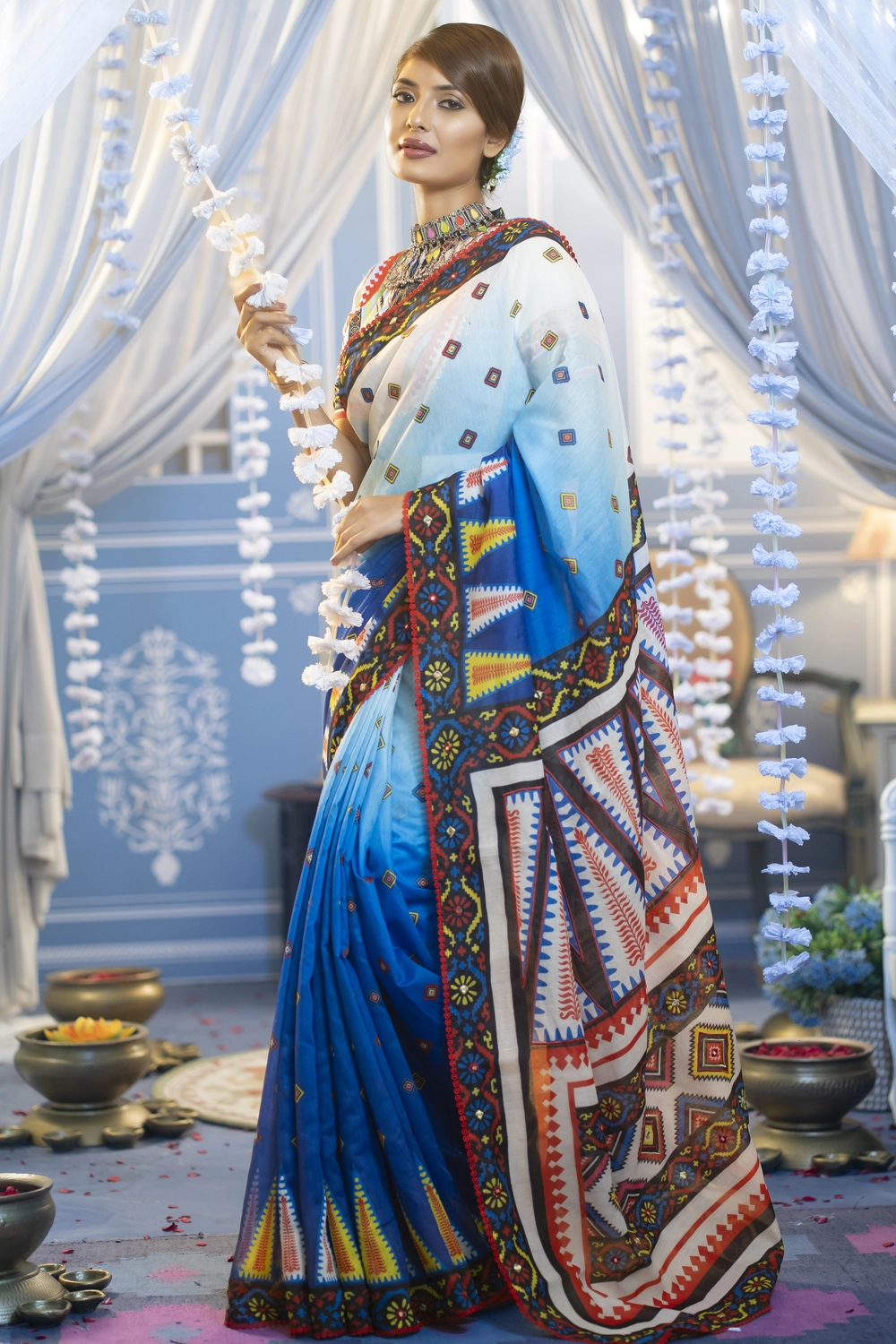 Blue & Sky Half Silk Embroidery Industrial Print Saree