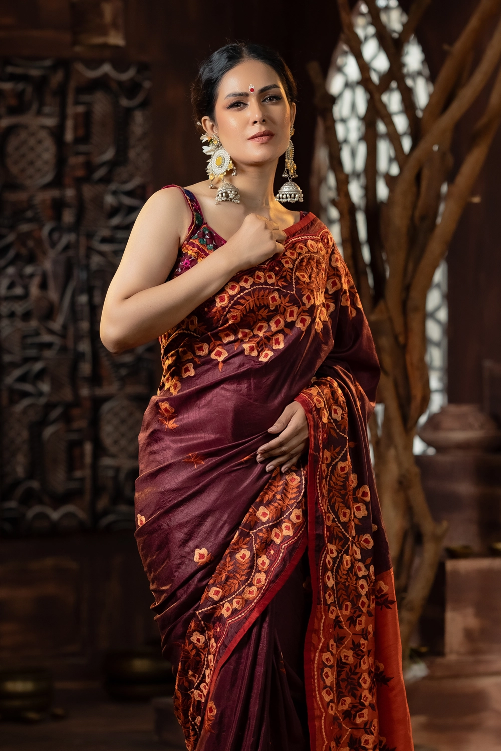 Tama Chocolate Tasor Silk Saree with Embroidery