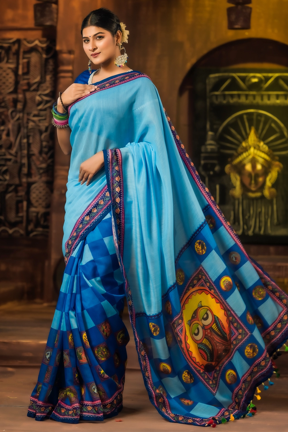 Blue Half Silk Saree with Industrial Print