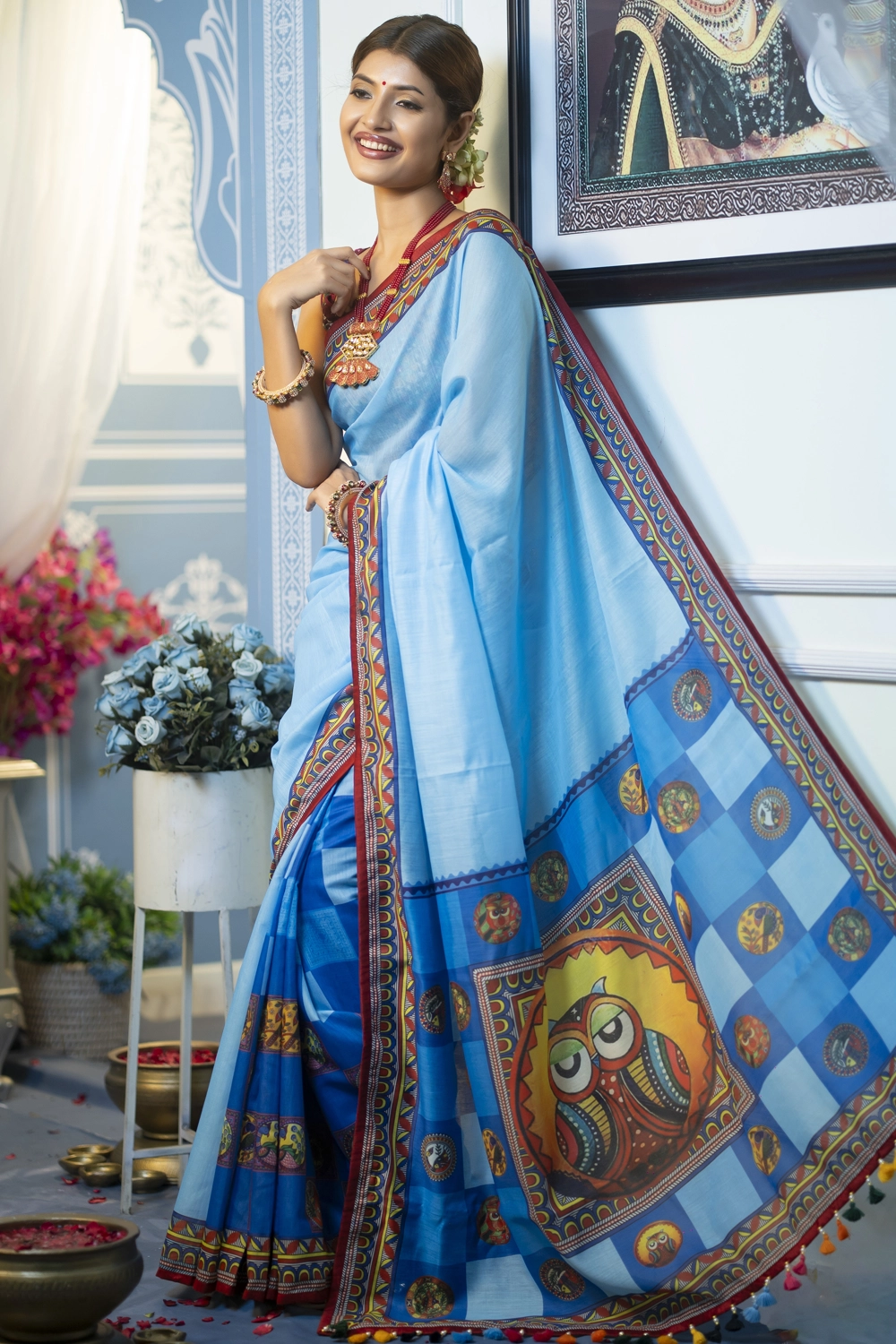 Blue and Sky Half Silk Saree with Industrial Print