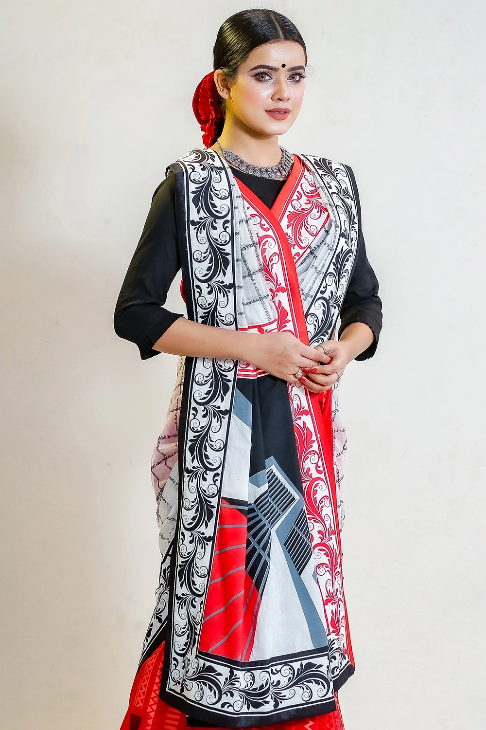 Classic Black & White Half Silk Saree with Screenprint & Patchwork