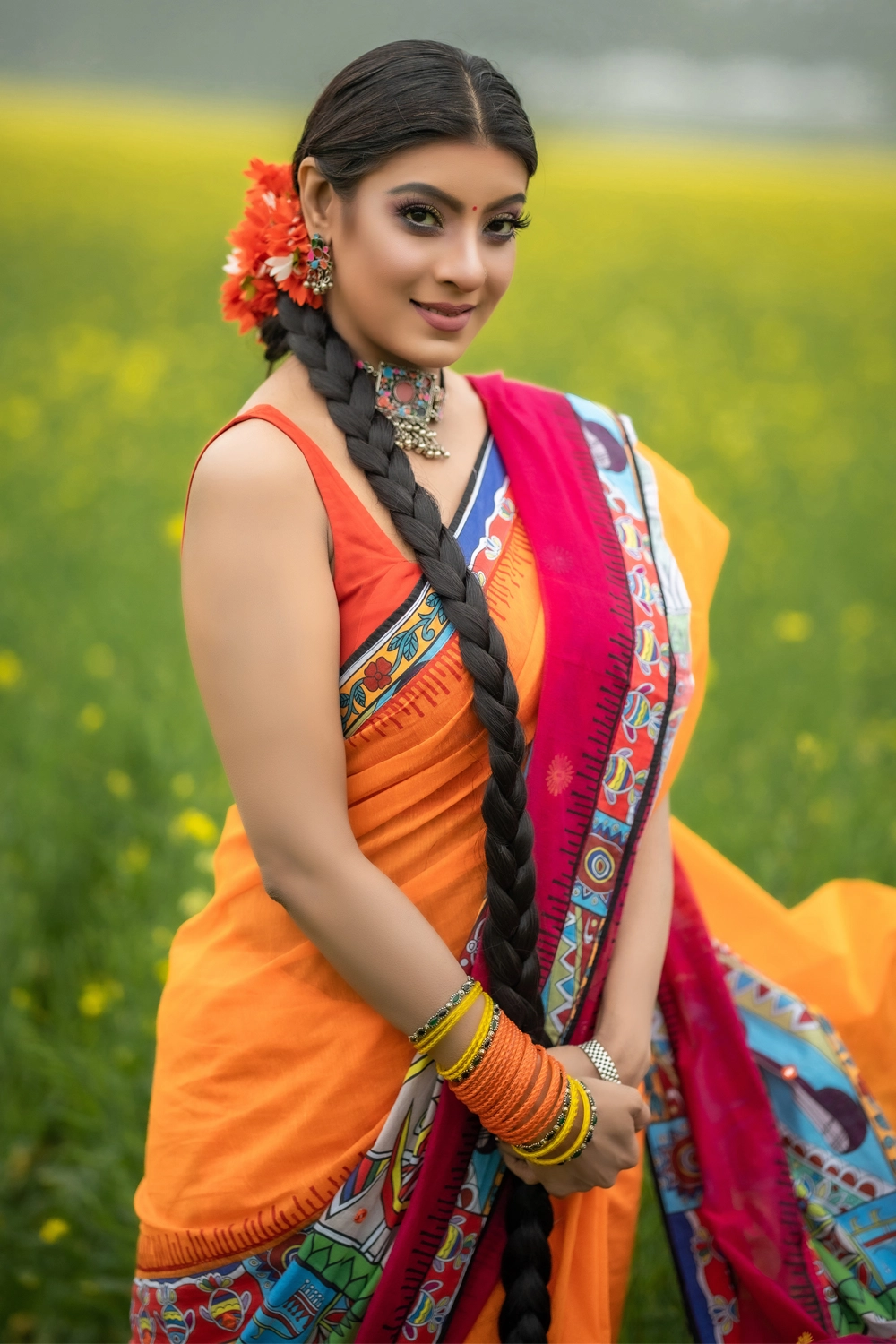 Orange Half Silk Saree with Industrial Print, Embroidery & Patchwork